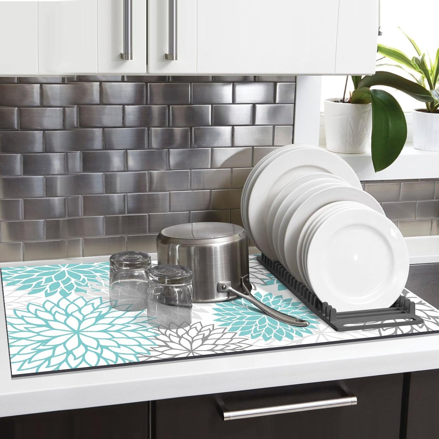 Findosom 2PCS 16" x 24" Dish Drying Mat & 24" x 5.5" Sink Splash Guard, Super Absorbent & Cuttable Dish Mat Drying Kitchen Mat with Teal Floral, Hide Stain Drying Mat for Kitchen Counter