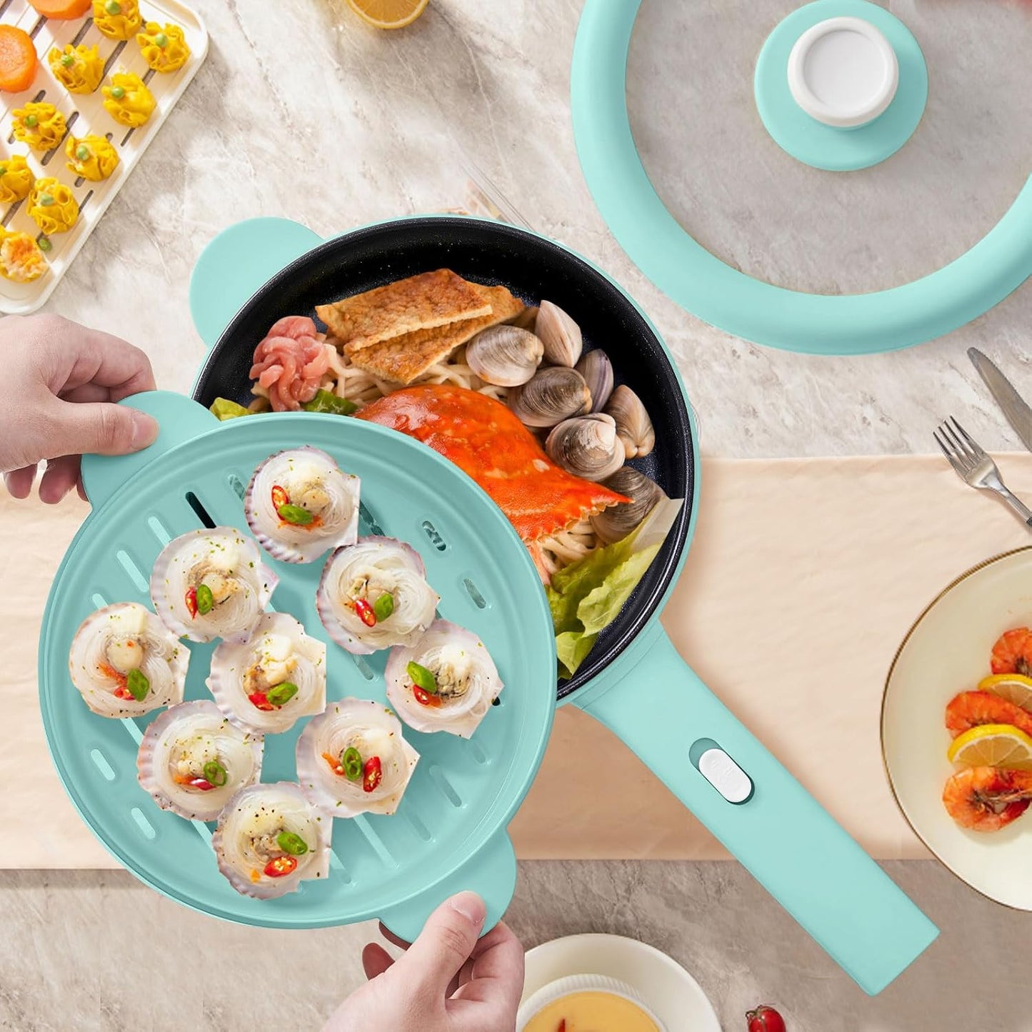 Dezin Electric Cooker, 2L Non-Stick Sauté Pan, Rapid Noodles Cooker, Mini Pot for Steak, Egg, Fried Rice, Ramen, Oatmeal, Soup with Power Adjustment, College Dorm Room Essential