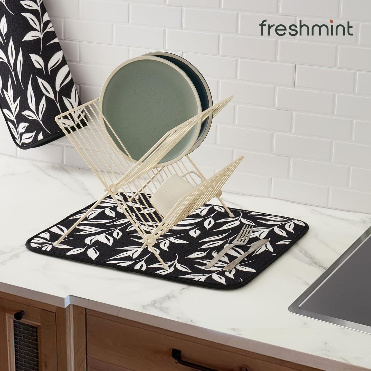 FRESHMINT Printed Dish Drying Mats for Kitchen Counter 2 Pack Absorbent Reversible Drying Mats Microfiber Kitchen Countertop Protector Dishes Drying Pad Extra Large 18"x16" Dish Mat