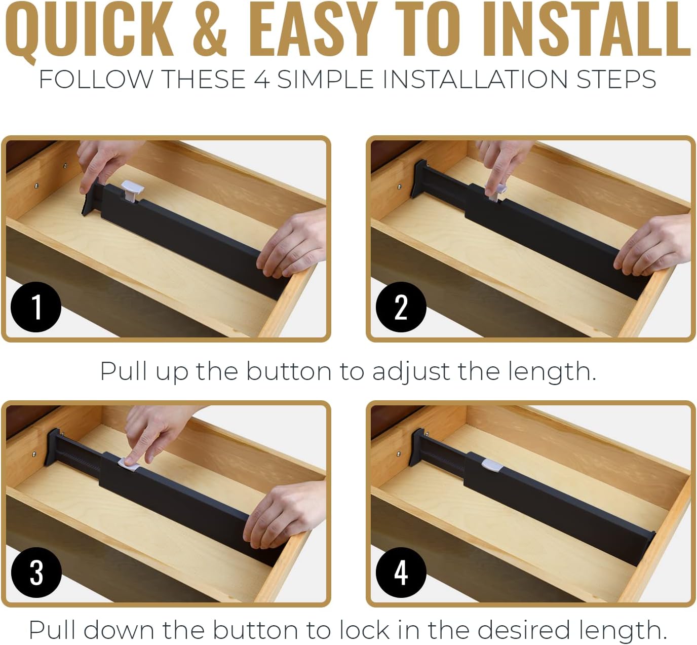 RAPTUROUS Deep Drawer Dividers 8 Pack, 6 Inch Tall, 13-22 Inch Long Expandable, Adjustable Drawer Organizer for Clothing, Dresser, Kitchen, Strong Hold, Soft Foam Edges, Black