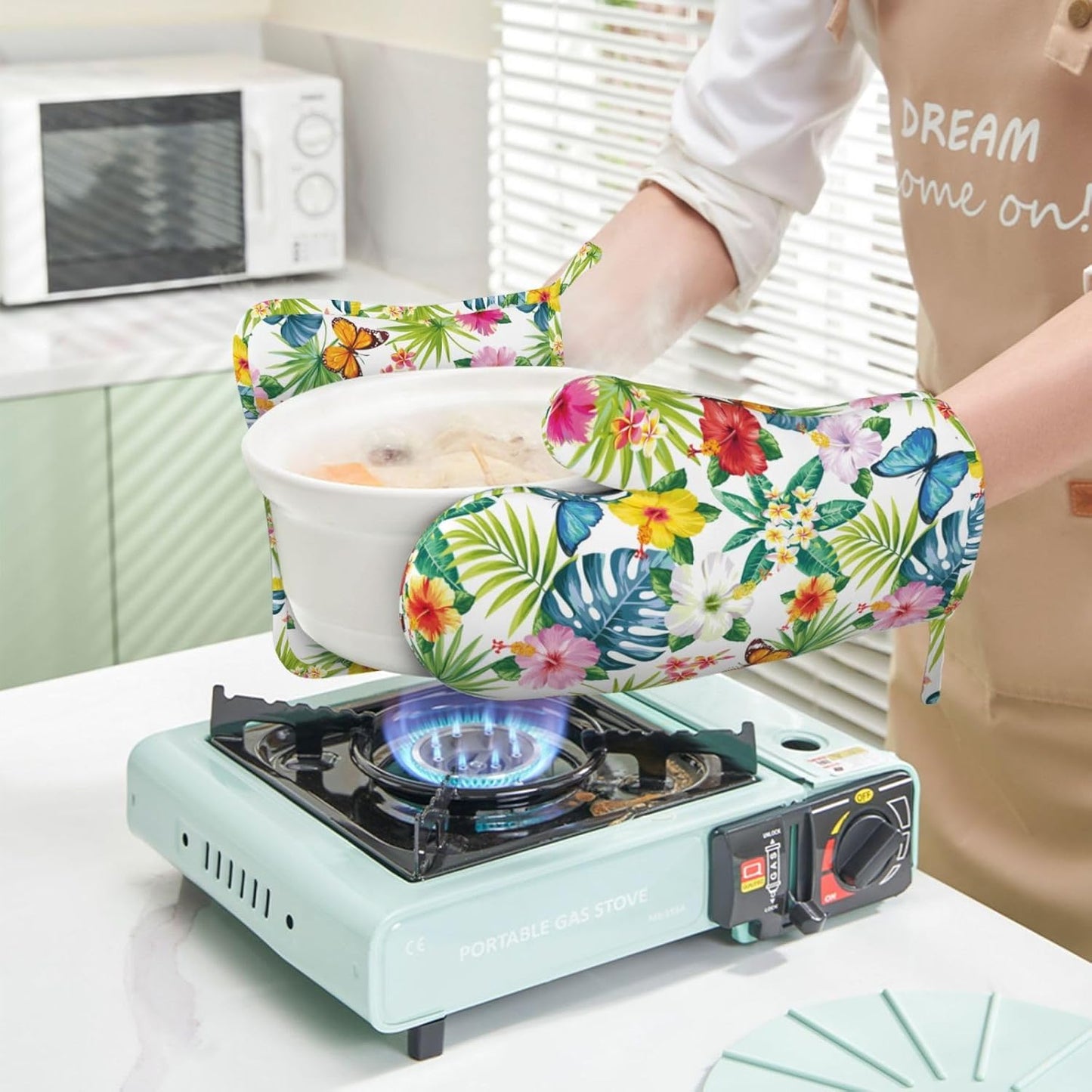 Tropical Floral Flower Leaves Butterfly Oven Mitts and Pot Holders Set of 4 Silicone Kitchen Mitten Gloves and Non-Slip Potholders Set Heat Resistant Oven Gloves Hot Holders for Kitchen