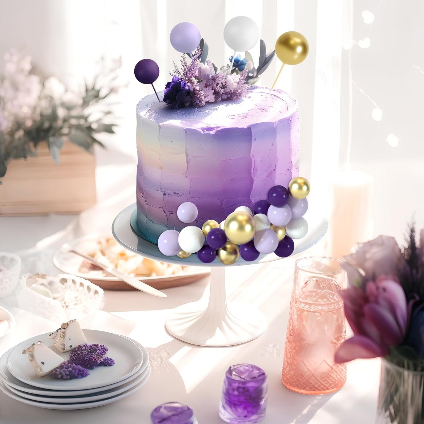 48 Pcs Balls Cake Topper Decorations Balloon Cupcake Toppers Foam Cake Topper Balls Cake Balls Decorations for Birthday Party Wedding Cake Decorating (Purple, Light Purple, White, Gold)