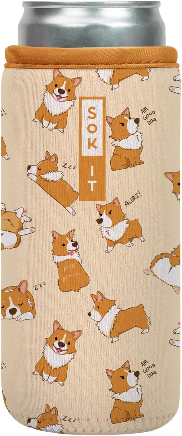 Sok It CanSok Sleeve for Beer & Soda Insulated Neoprene Cover (Too Corgi to Function, 12oz Slim Can Sleeve)