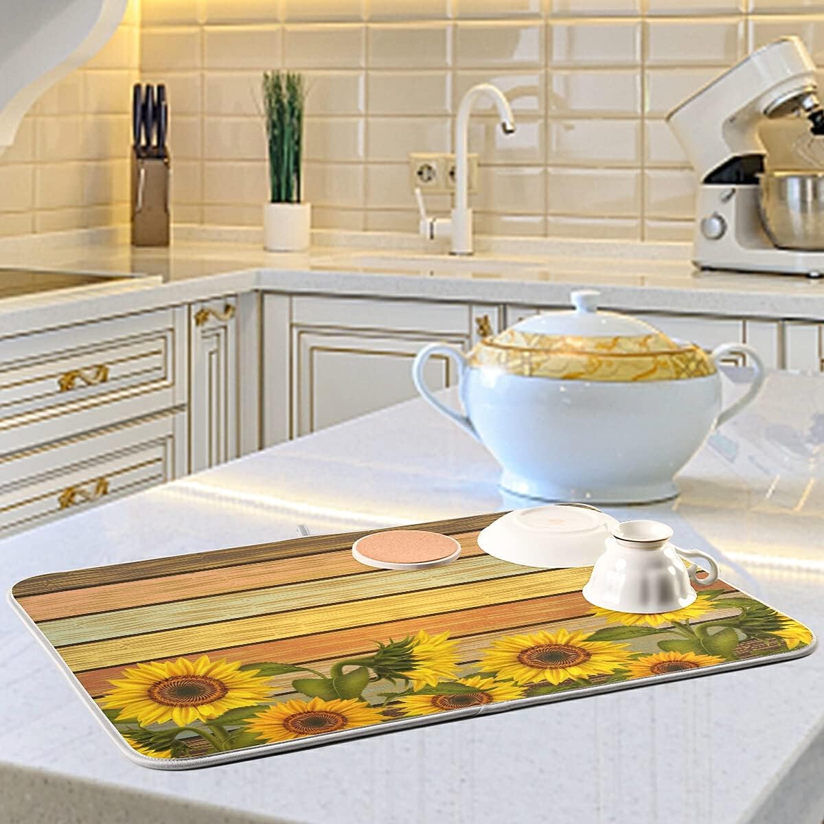 Super Absorbent Dish Drying Mat, Microfiber Fast-Drying Dish Mat, 24" x 18", Kitchen Dish Drying Pad, Sunflower On Wooden Board Vintage