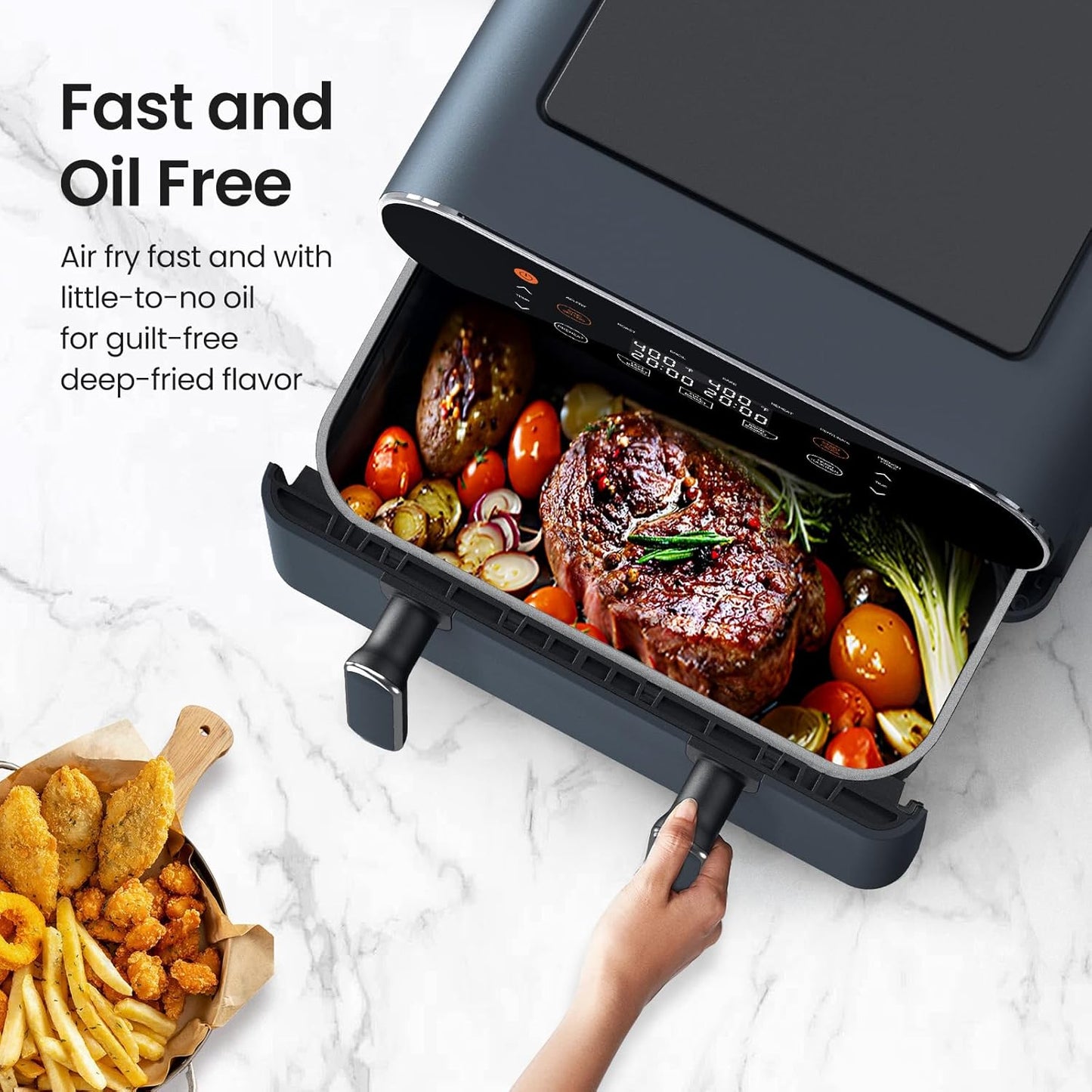 11-QT Large Air Fryer - 8 in 1 XL Airfryer with Flex Basket, Divider for Dual Cooking, Preheat, Air Fry, Roast, Broil, Bake, Reheat, Dehydrate, French Fries Dishwasher Safe, Gray
