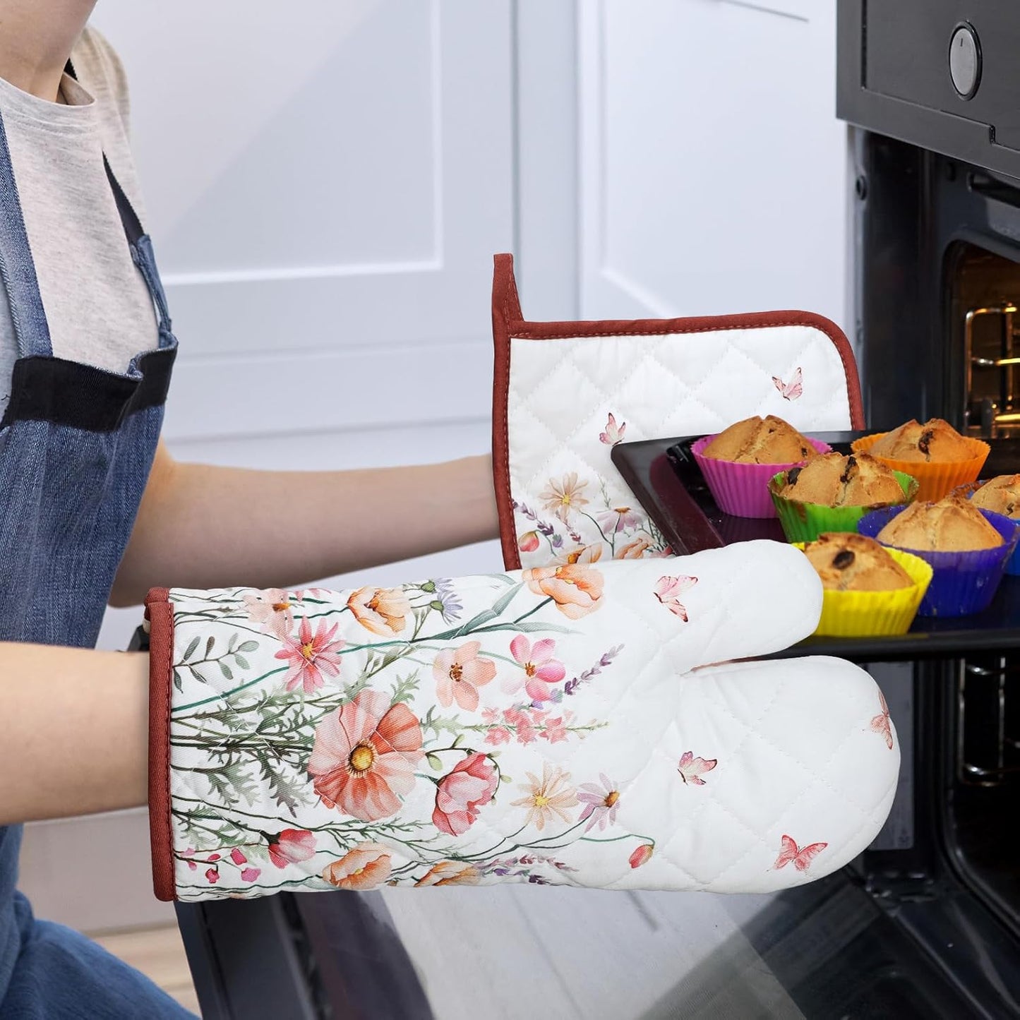 Pink Floral Oven Mitts and Pot Holders Sets 2Pcs, 100% Cotton Heat Resistant, Extra Long Oven Gloves Potholder for Kitchen Cooking Baking Decoration