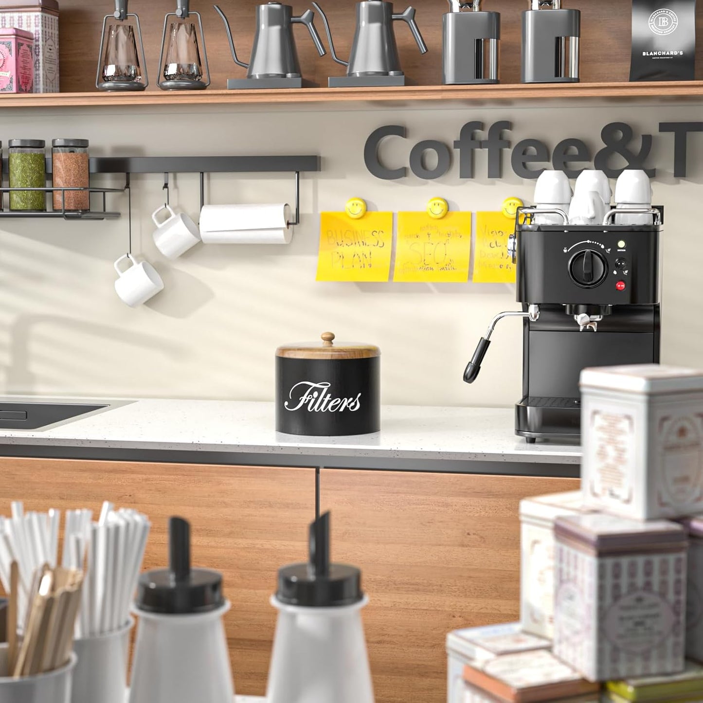 Wooden Coffee Filter Holder with Lid - Round Storage Container for Counter - Rustic Farmhouse Coffee Bar Accessories (Black)