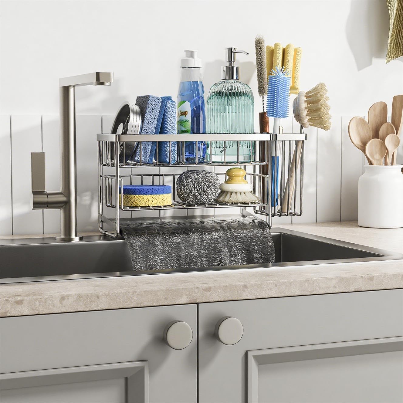Cisily Silver 2-Tier Kitchen Sink Caddy Organzier Rack with Flexible Dish Brush Holder, Sponge Holder for Kitchen Sink Countertop Organization Storage,Home Decor Stainless Steel