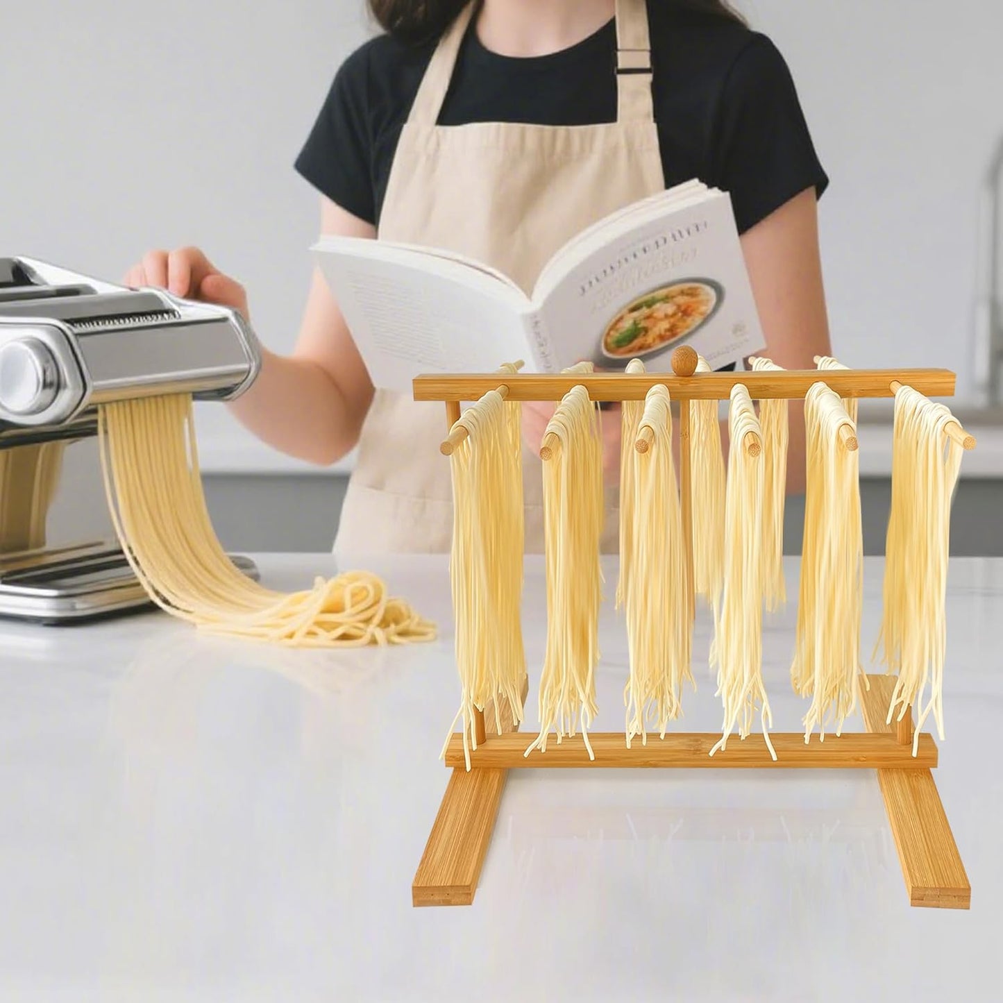 Bamboo-Pasta-Drying-Rack With Transfer Wand & 12 Arms, Large Tall Collapsible Fresh Pasta Dryer Holder For Homemade Noodle, Spaghetti, Tagliatelle, Detachable Fettuccine Hanger Stand With 12 Bars