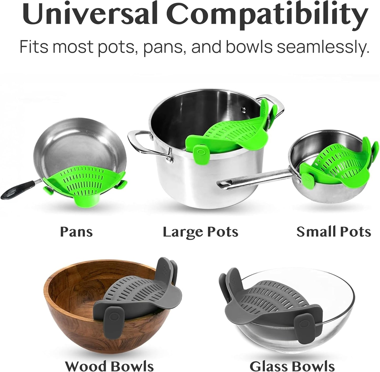 2 Pack Kitchen Gizmo Snap-On Strainer - Silicone Clip-On Strainer for Pots and Pans - Collapsible Design - Heat Resistant Colander for Vegetables and Noodles - Ideal for Rice, Grains - Green/Grey