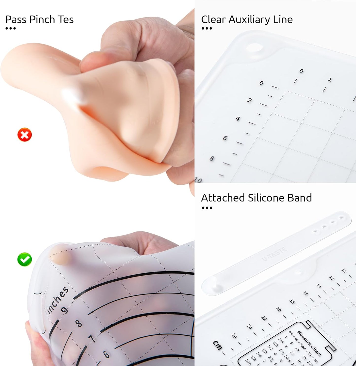 U-Taste Liquid Silicone Pastry Mat: 16"x20" Food-Grade Non-Stick Dough Rolling Baking Sheet, Non Slip for Kneading Prep Pizza, Fondant, Pie Crust with Clear Measurement and Raised Edges (Transparent)