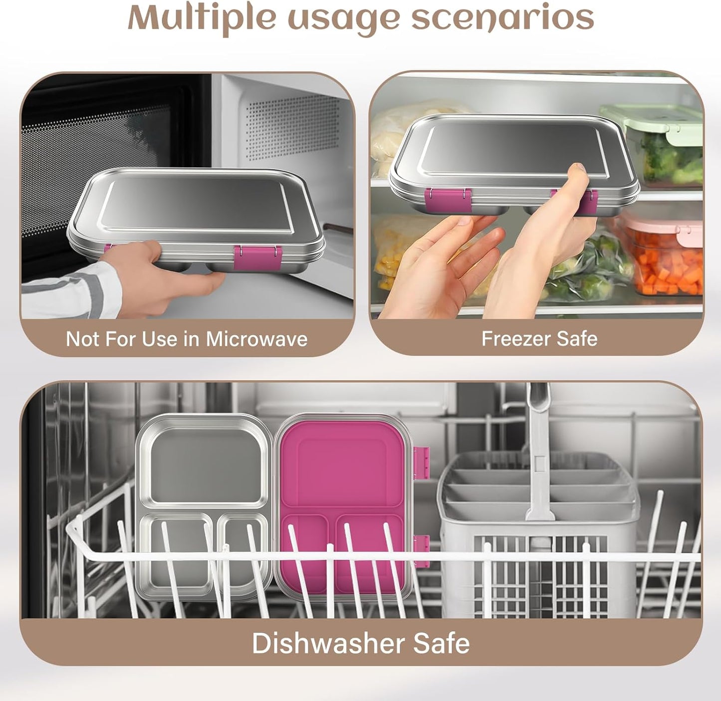 Stainless Steel Bento Box Kids, 3 Compartments Leak Proof Metal Bento Lunch Box, 304 Stainless Steel Bento Lunch Containers for School and Office,Dishwasher Safe, BPA-Free-Pink