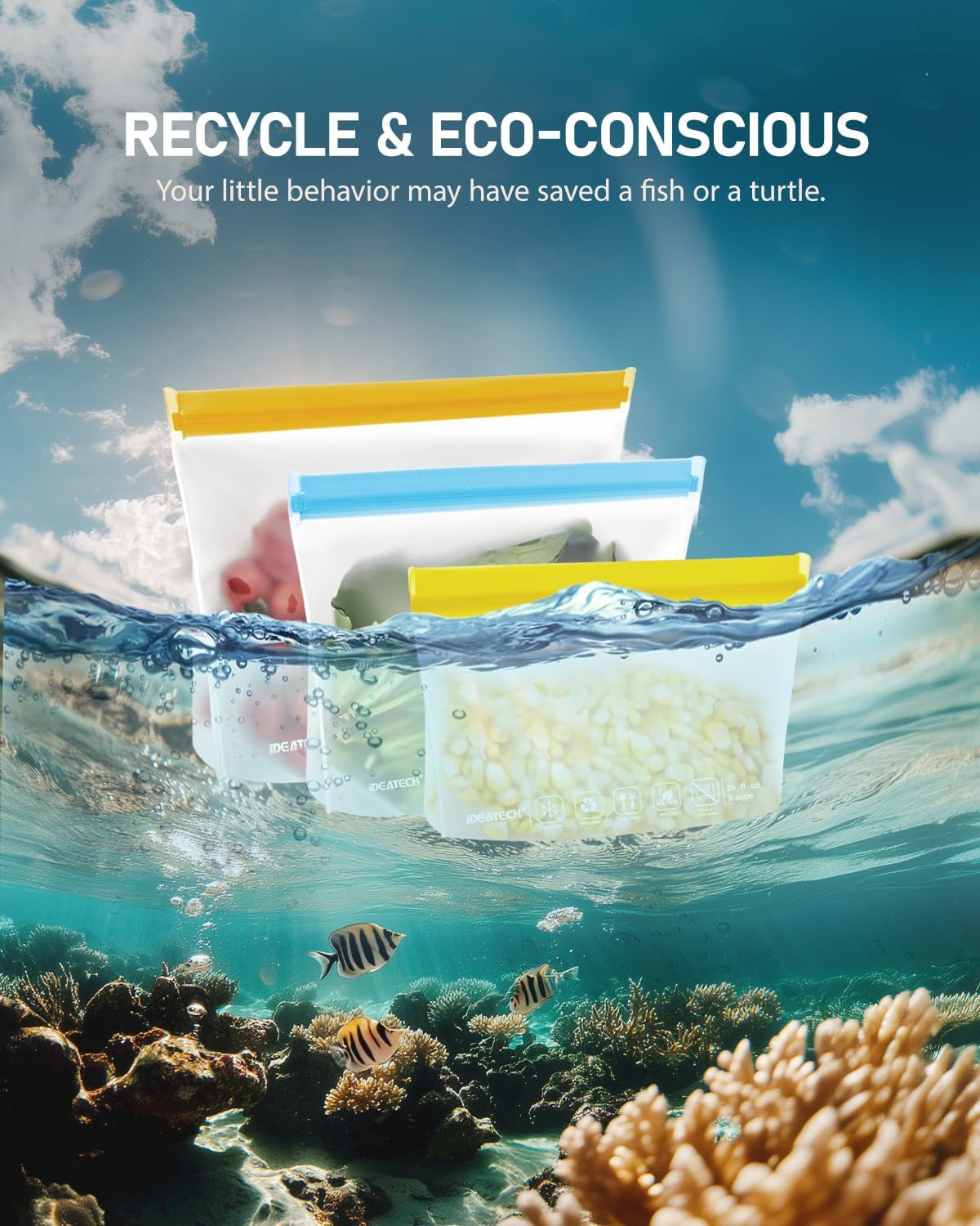 IDEATECH Food Storage Containers, BPA Free PEVA Reusable Gallon Freeezer Bags, Reusable Quart Size Sandwich Bag, Leakproof Baggies for Travel, Lunch, Healthy Food (8Gallon 6Quart 6Snack, Grey)