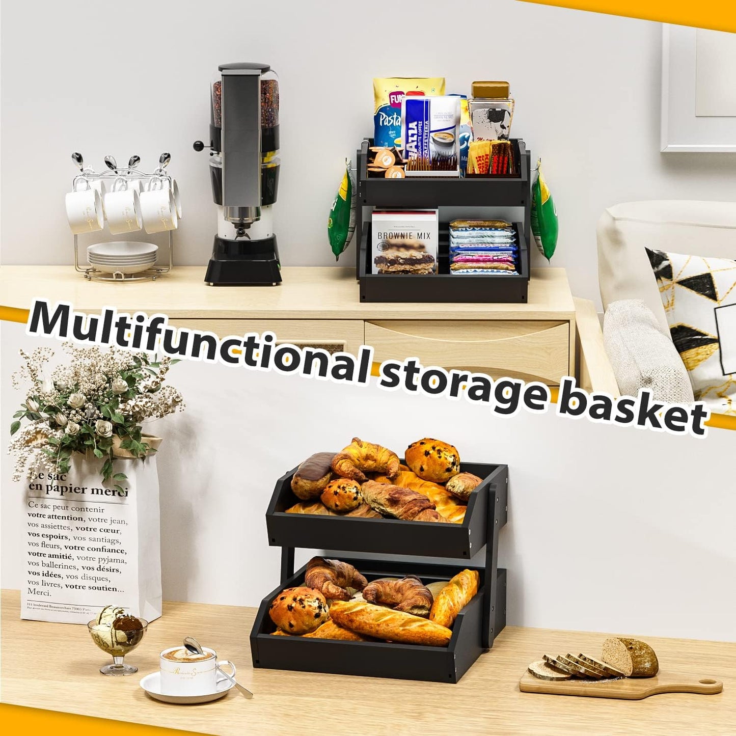Bamboo Fruit Basket for Kitchen– 2 Tier Fruit Bowl For Kitchen Counter, Large Fruit Holder With 2 Banana Hangers, Idea For Fruit and Vegetable Storage, Bread Basket, Snack Organizer(BLACK)