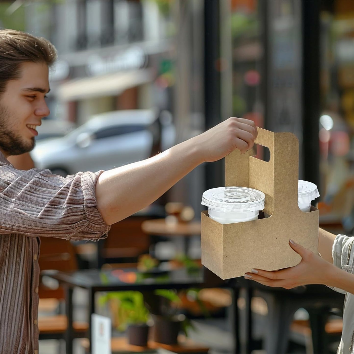 Disposable Drink Carrier with Handle, 2 Cup Kraft Paper to Go Coffee Cup Holder for Food Delivery Service Hot or Cold Drinks (100Pcs Kraft)