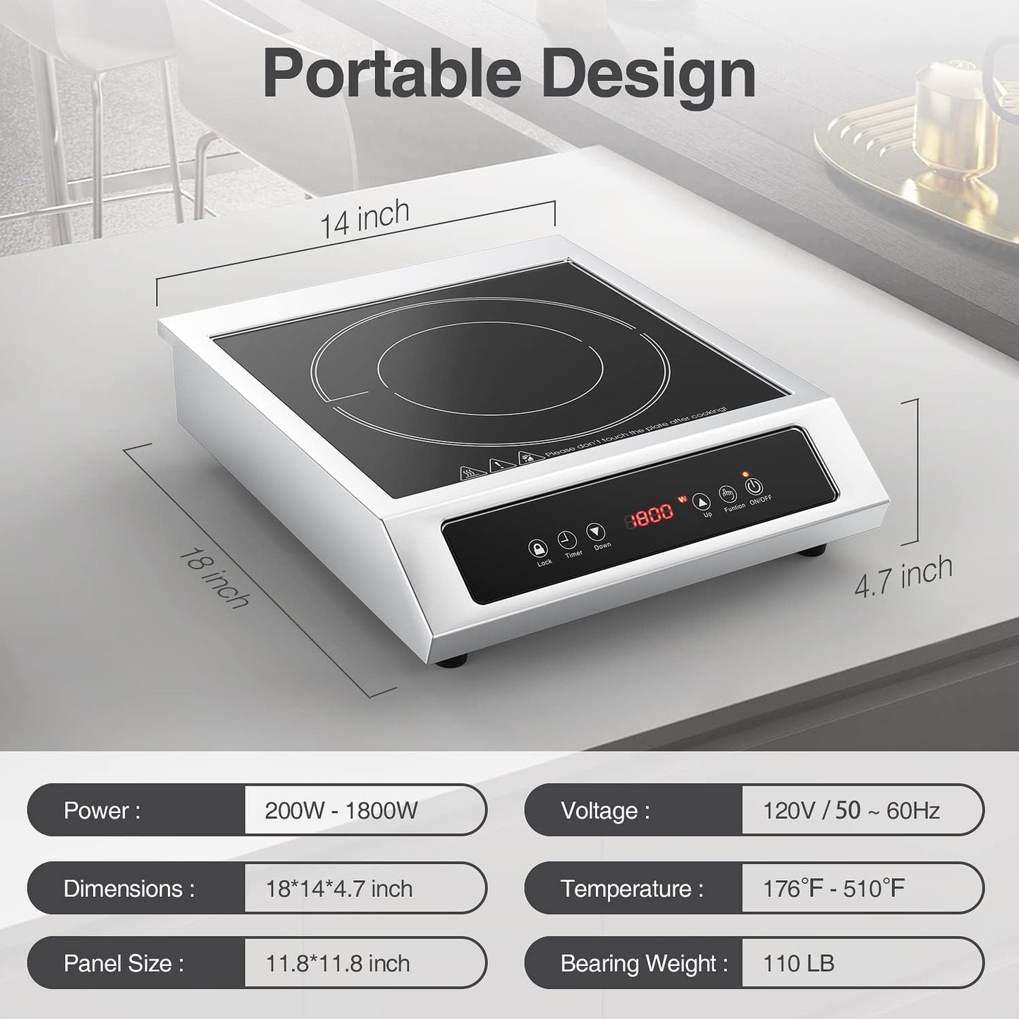 1800W Professional Commercial Induction Cooktop: 120V Stainless Steel Countertop Burner for RV, Small Restaurant, Catering Kitchen - Portable Hot Plate with 3-Hour Timer, Touch Panel