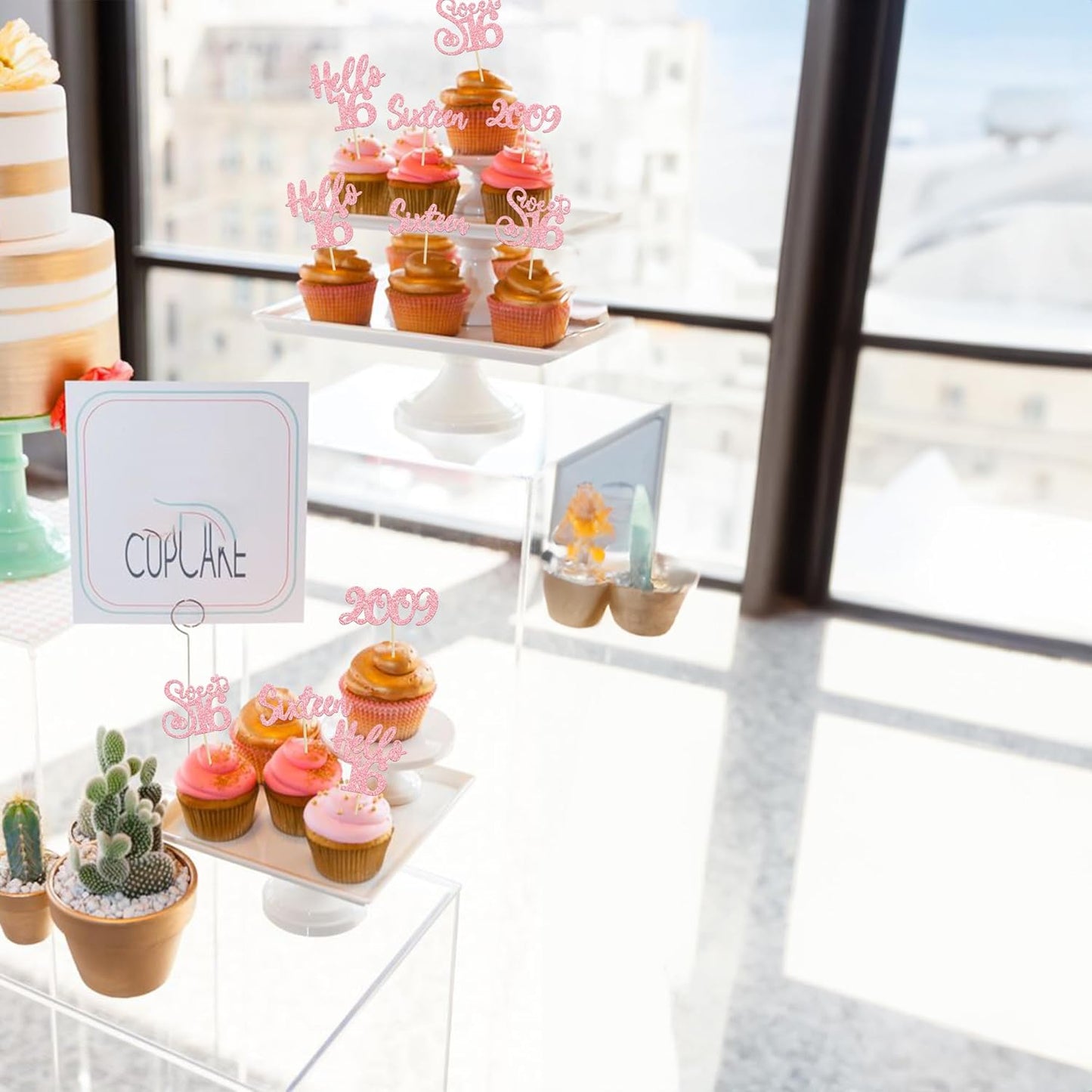 Gyufise 24Pcs Happy 16th Birthday Cupcake Toppers Glitter Hello 16 Sweet 16 Sixteen Years Old Cupcake Picks for Celebrating 16th Birthday Anniversary Party Cake Decorations Supplies Pink