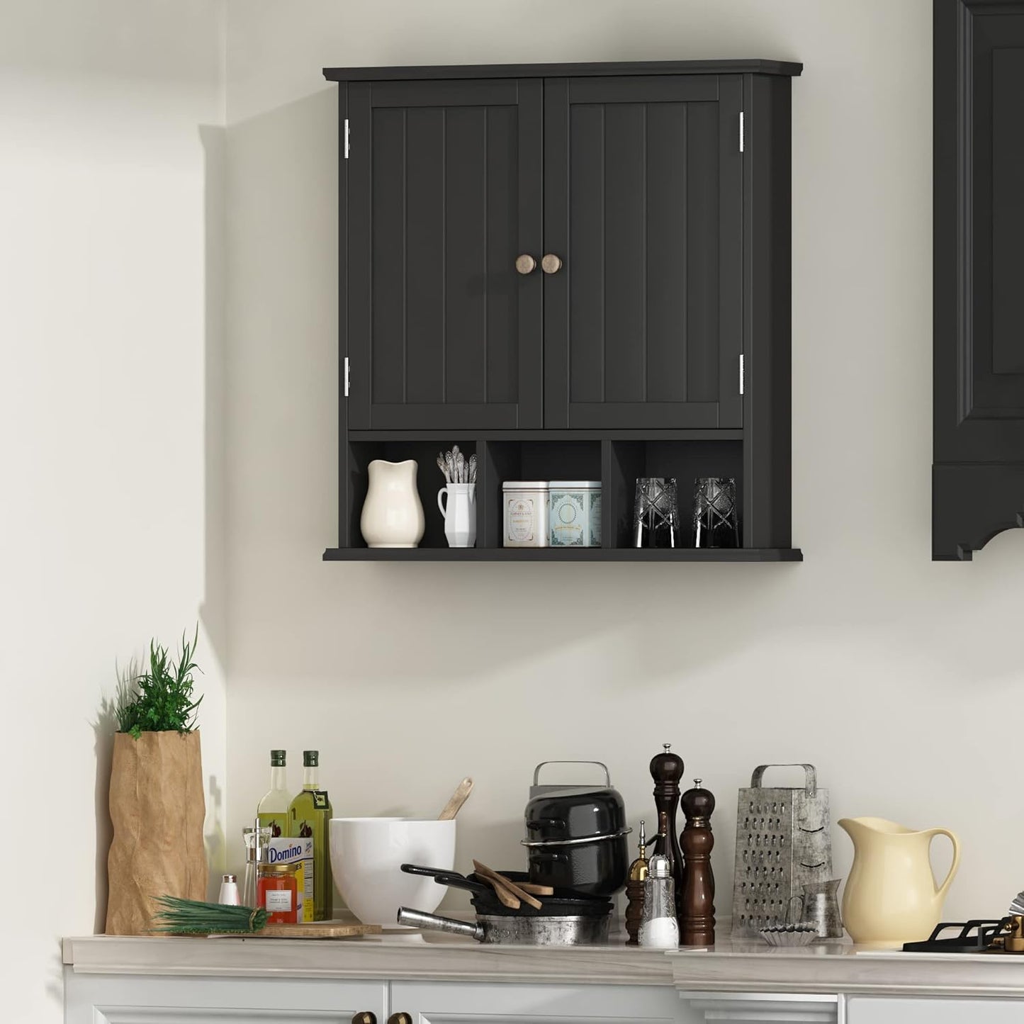 ChooChoo Bathroom Cabinet Wall Mounted 2-Door with 3 Open Shelves, Wooden Medicine Cabinets with Adjustable Shelf,Space Saver Storage Cabinets Over The Toilet for Bathroom&Living Room,Black