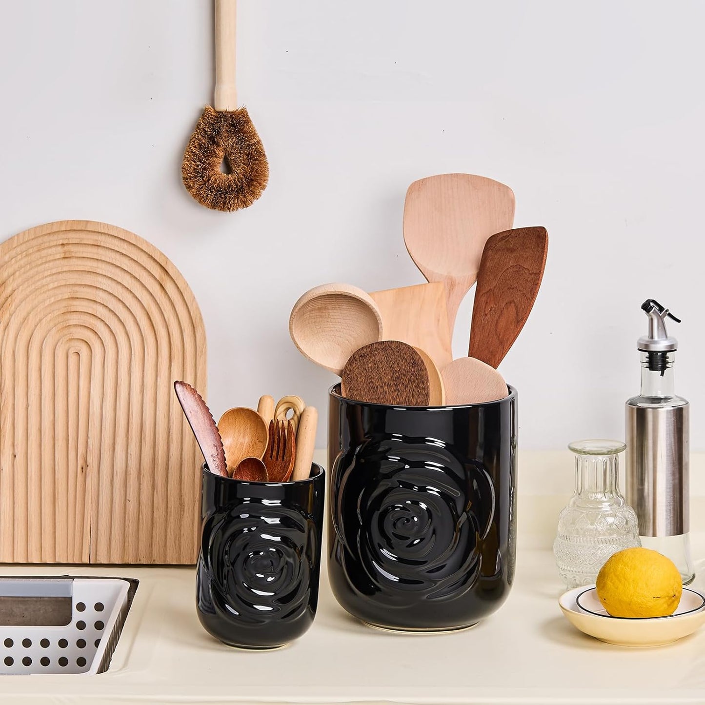 Black Ceramic Utensil Holder Set of 2 - Rose Carved Design, Kitchen Countertop Utensil Organizer for Spatula, Spoon & Cooking Tools, Large (7.5") & Small (5.5"), Farmhouse Kitchen Counter Decor