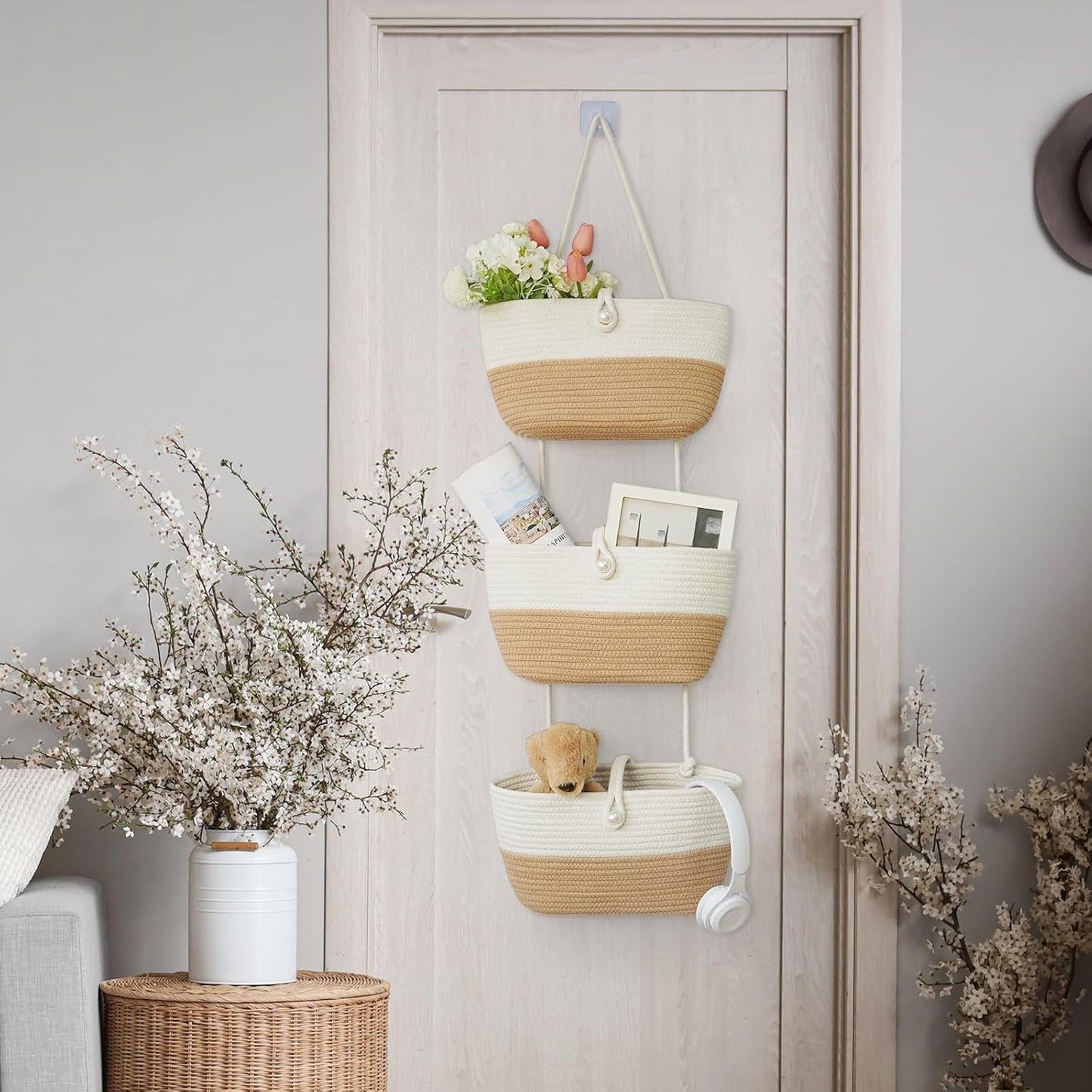 TeoKJ 3-Tier Hanging Baskets for Storage with Pearl Button Strap, Cotton Rope Over the Door Organizer, Wall-Mounted with Hook Decorative Hanging Kitchen Baskets, White & Jute