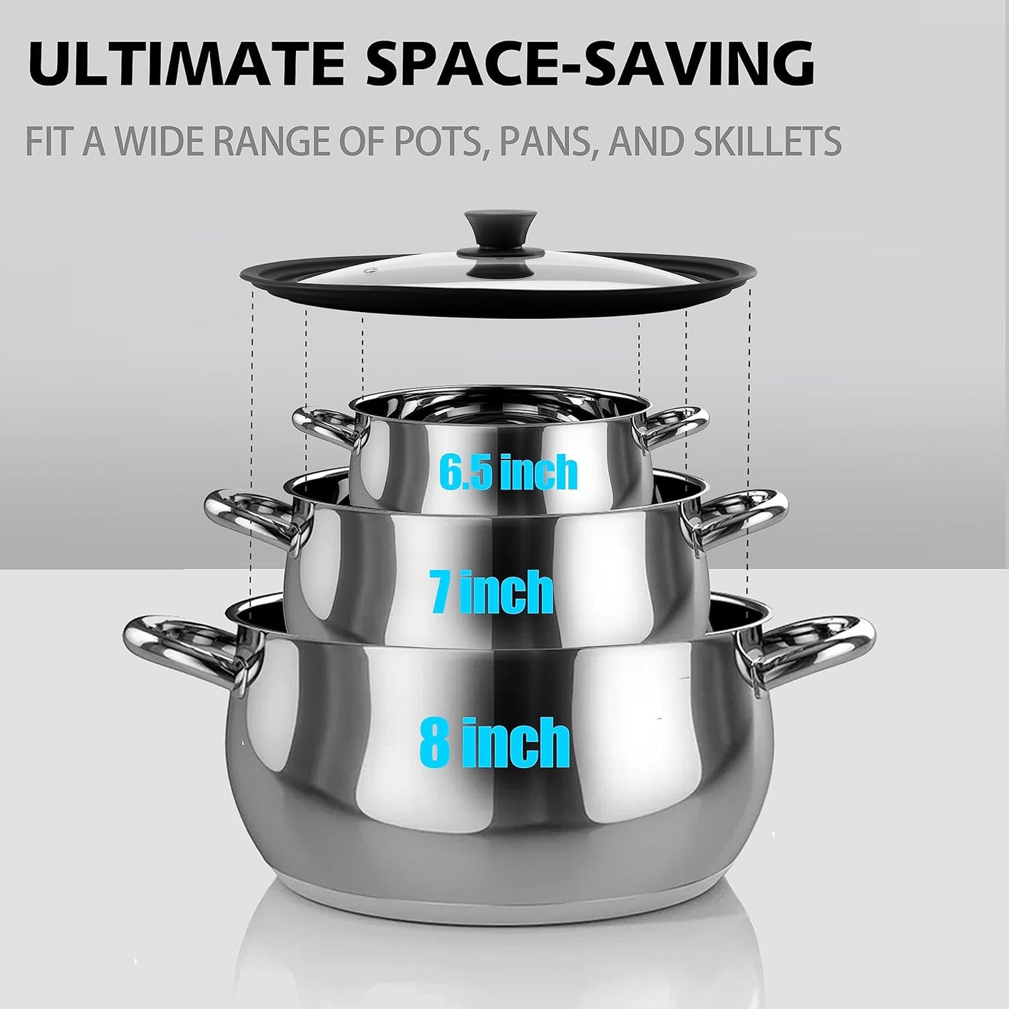 Tempered Glass Lid - Universal Lid with Heat Resistant Silicone Rim for Pots, Pans and Skillets - Pan Cover Replacement Lid Fits 6.5", 7" and 8" Diameter Cookware