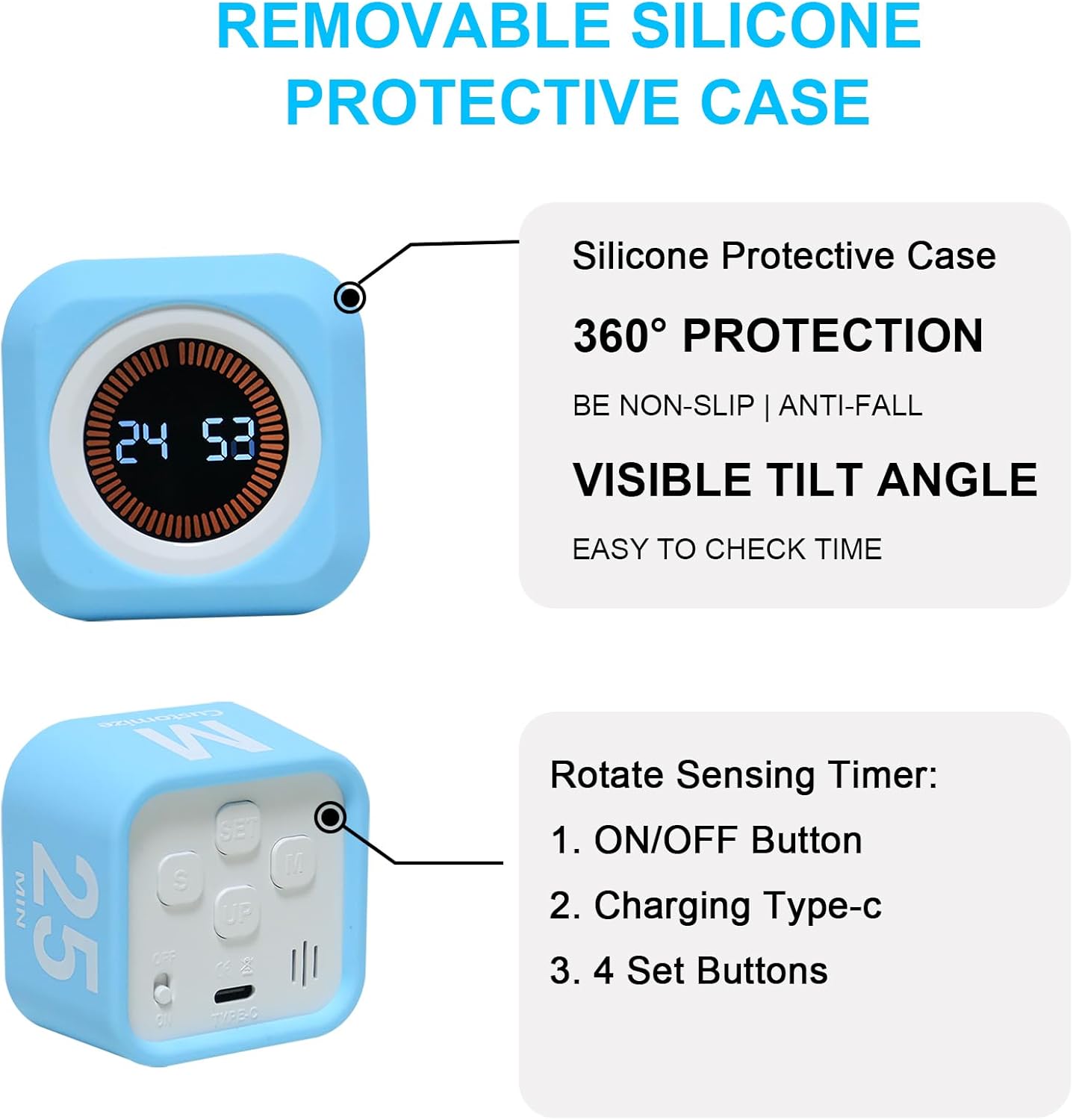 Rotating Cube Visual Timer 5, 25, 10 50 Minutes Preset + Custom Countdown, Rechargeable Desk Productivity Flip Timer with Detachable Silicone Cover for ADHD Study Work Kitchen School (Black)