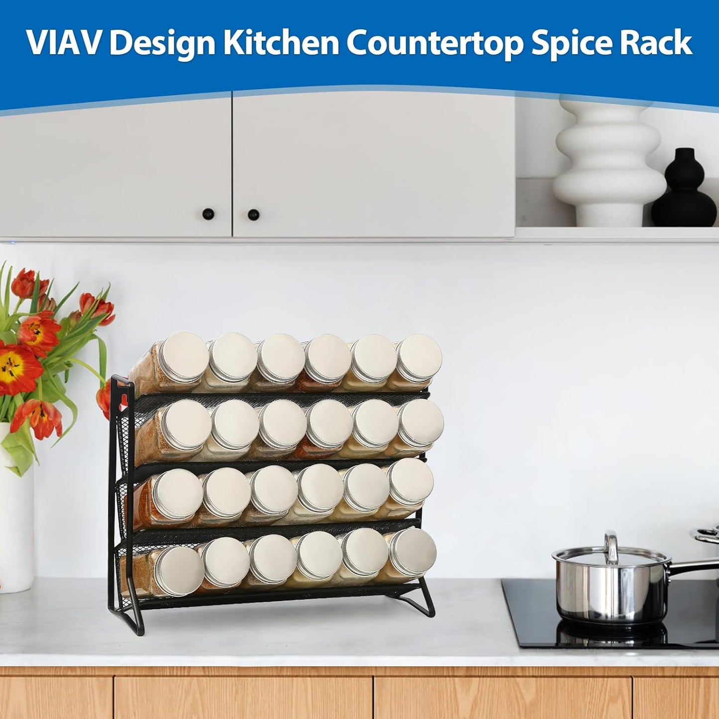 2PCS 4Tier Spice Rack for Counter Free Standing,Spice Rack for Inside Cupboard Hanging Wall Mounted Spice Seasoning Organiser Spice Jars Bottle Organizer for Kitchen Pantry(Black)