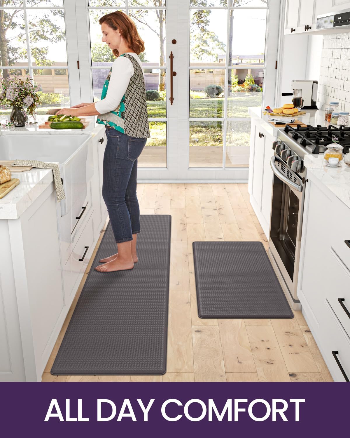 DEXI Kitchen Floor Mats Cushioned Anti Fatigue, 17x29+17x59, Large Long Standing Runner Rug Waterproof, Comfort Memory Foam Padded for Front Sink Laundry, Taupe