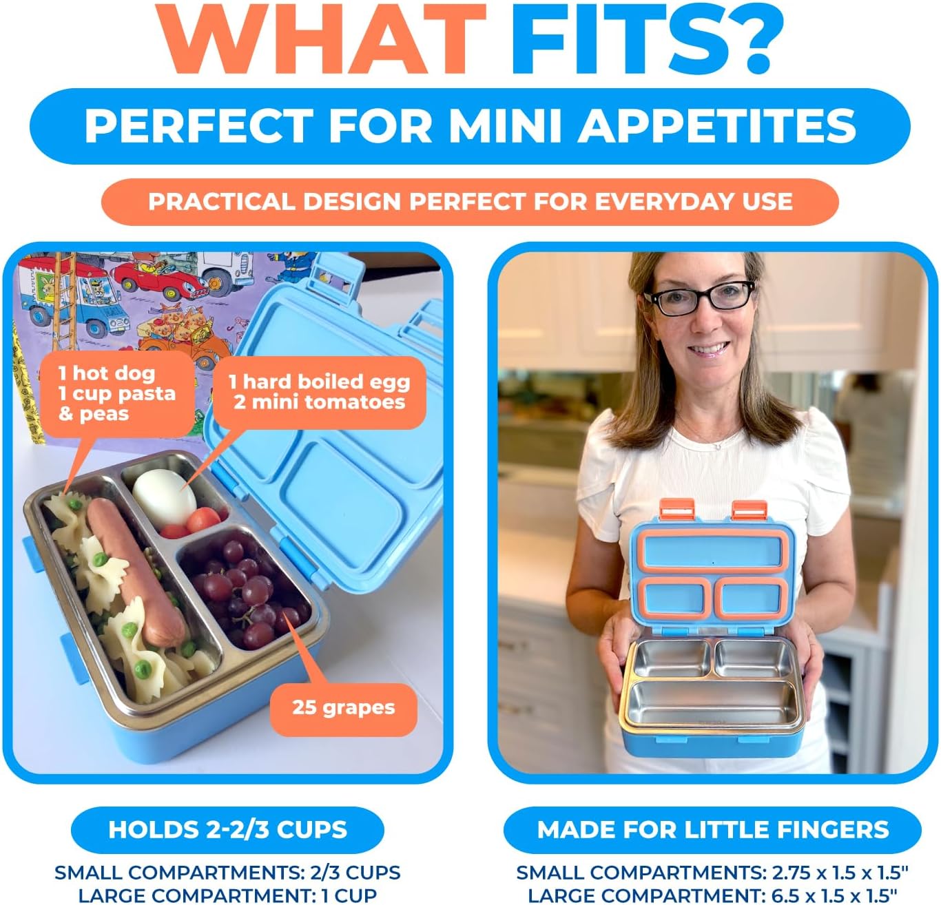 kinsho Stainless Steel Lunch Box for Baby Toddlers Boys, Mini Bento, 3 Eco Metal Portion Sections Leakproof Lid, Pre-School Daycare Lunches, Kids Spill-Proof Snack Container, 18 oz/550 mL, Blue