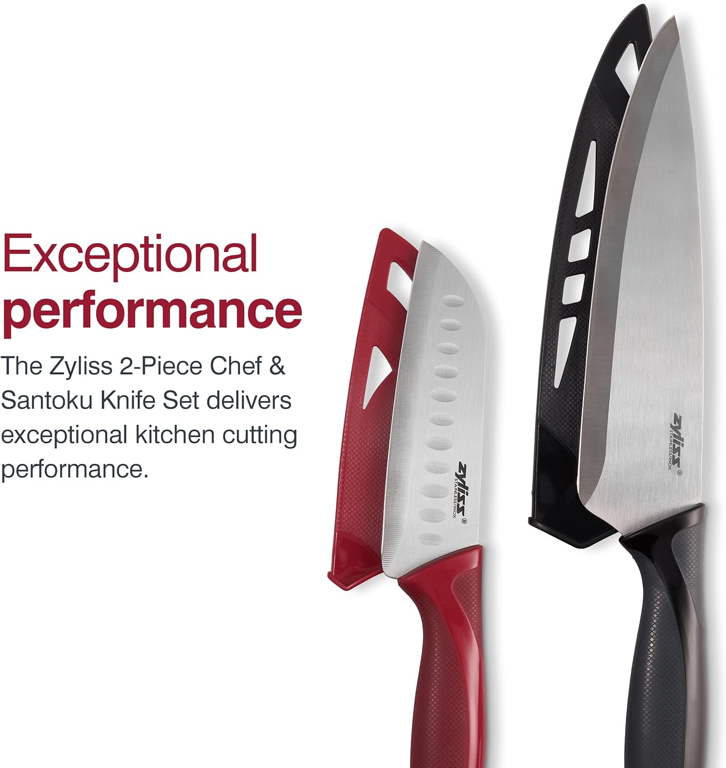 Zyliss Utility Kitchen Knives with Sheath Covers - Dishwasher Safe - Stainless Steel Kitchen Knives Perfect for Cutting Meat, Vegetables & Fruit - 2 Piece Santoku & Chef Set