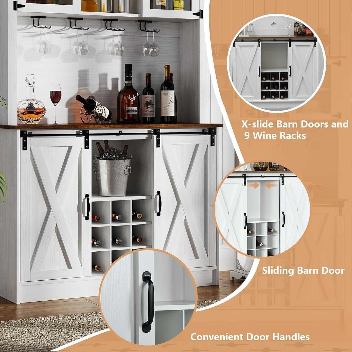 4ever2buy Farmhouse Coffee Bar Cabinet with 2 Glass Doors, 72'' White Bar Cabinet with Sliding Barn Door, Tall Wine Bar with 9 Racks, Coffee Bar Hutch with Storage for Living Room