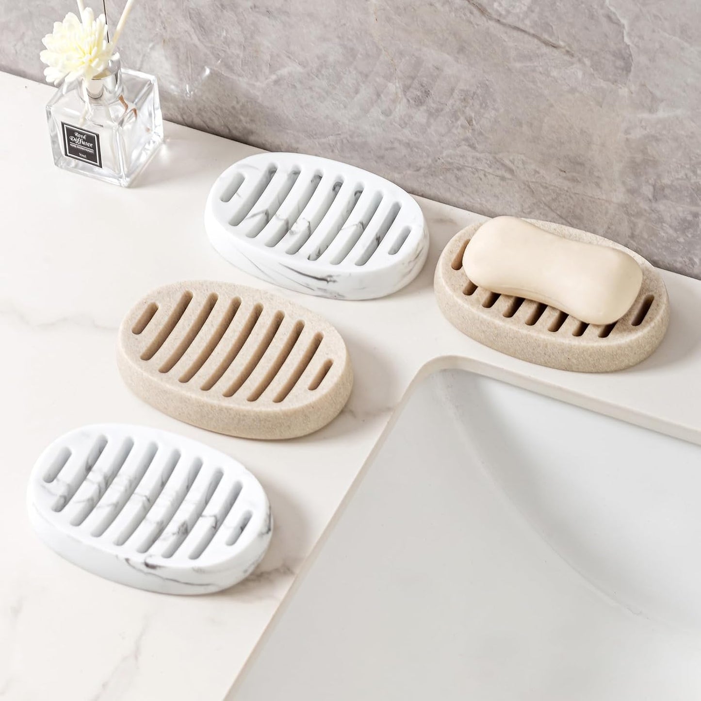 Soap Dish, Self Draining Bar Soap Holders, Oval Soap Saver Spone Holder Tray for Shower Bathroom Sink Countertop Kitchen Bathtub (Beige)