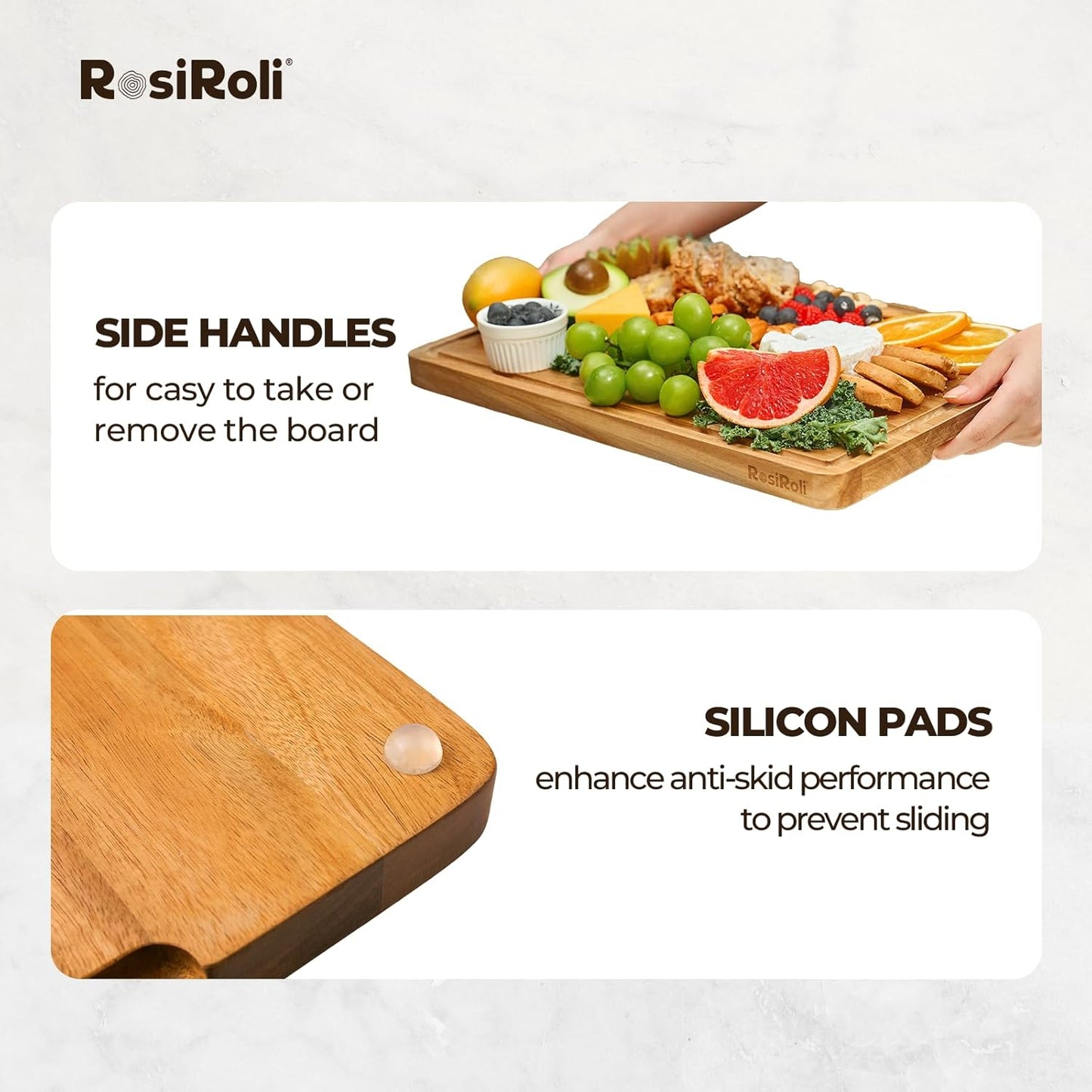 Acacia Wood Cutting Board for Kitchen, 3 Set with Holder - FSC Certified Large Wood Charcuterie Cheese Board with Handles and Juice Grooves, Wooden Chopping Block, Ideal Gift Set of 3 (S/M/L)