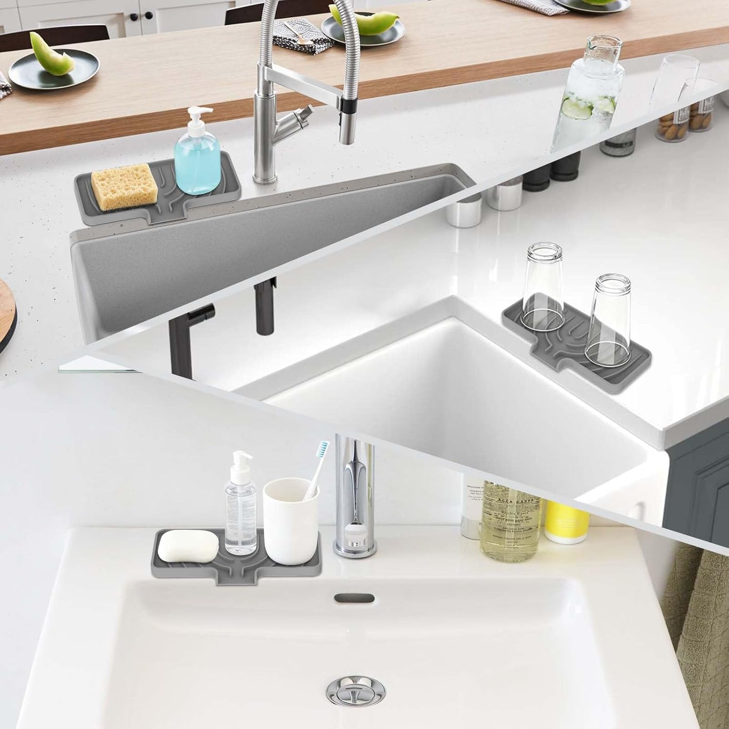 GUUKIN Silicone Sponge Holder, 9.8"×4.9" Sponge Holder for Kitchen Sink, Soap Tray with Drain, Dish Soap Mat for Shower Bathroom(Grey)