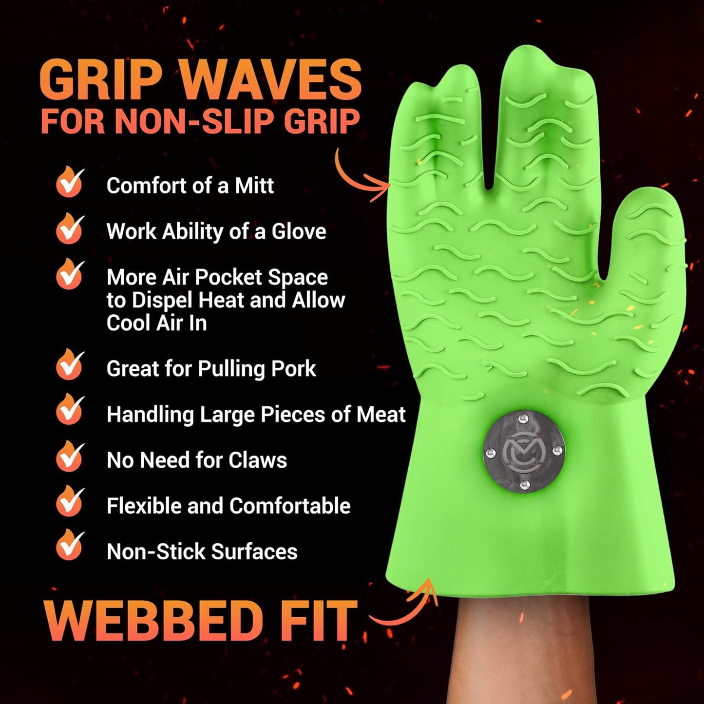 MagneCHEF Heat Resistant Silicone BBQ Gloves- Ergonomic Web fit Allows for Firm Grip- Patented Magnet Safety Clip Allows for Rapid Release of one or Both Hands- Grip Waves for Pulling Pork (Green)