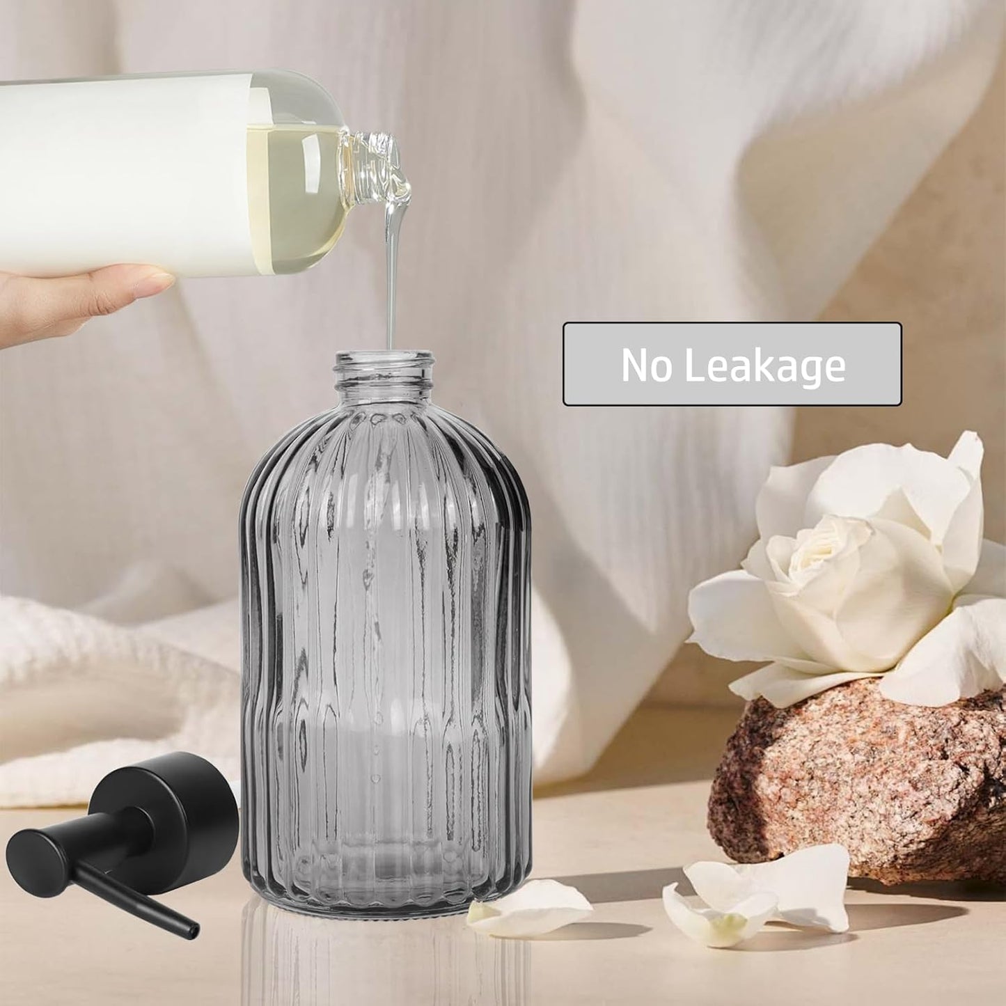 14Oz Black Pump Glass Soap Dispenser, Gray Stripe Countertop Refillable Liquid Bottle Hand Dish Lotion Dispenser with Plastic Pump, for Kitchen, Bathroom