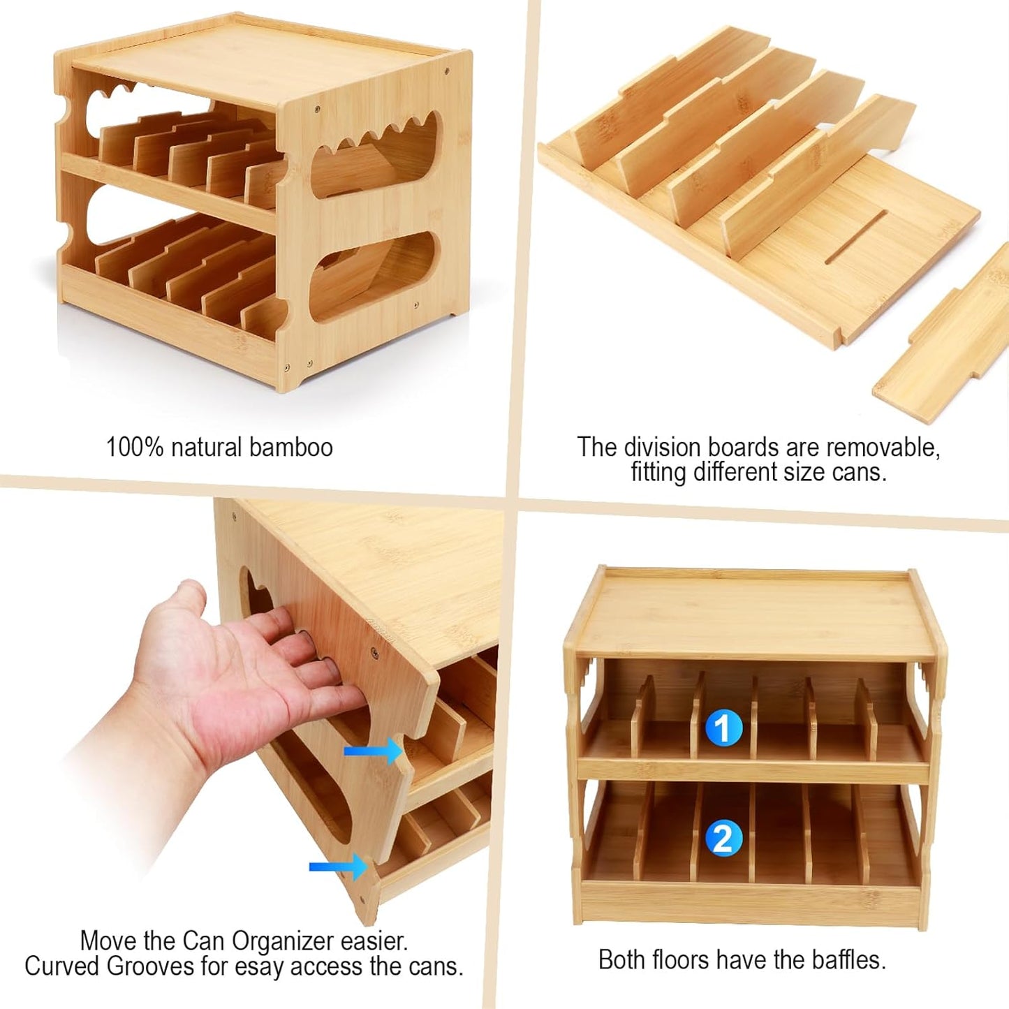 Bamboo Can Organizer for Pantry, 2 Tier Bamboo Pantry Organizer for Kitchen Counter, Cat Food Storage Holds Up to 36 Cans, Can Rack Organizer for Human and Pet Food Cans, FIFO Design