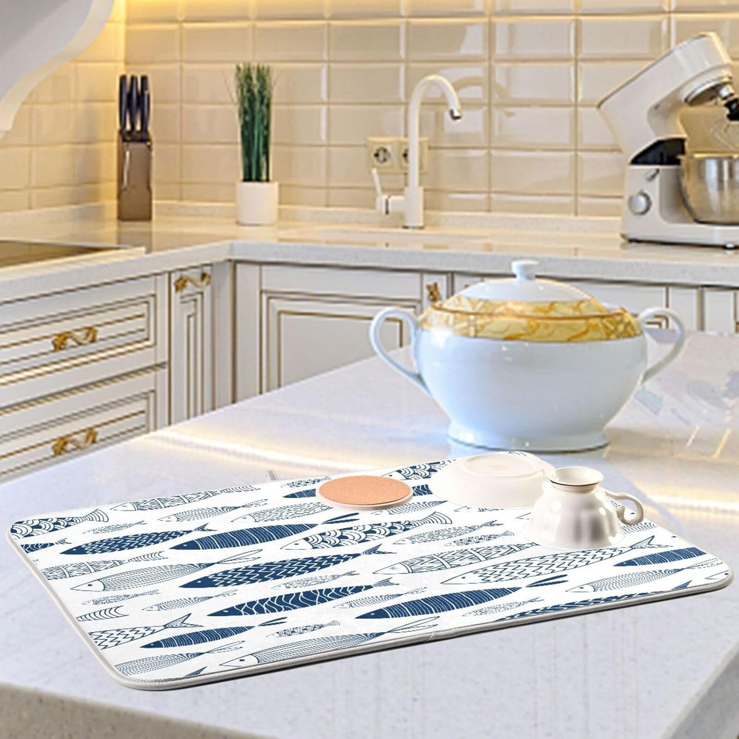 Cartoon Fish Dish Drying Mat for Kitchen Counter Absorbent Microfiber Drying Pad, Medium 16x18 in, Reversible Drainer Mats
