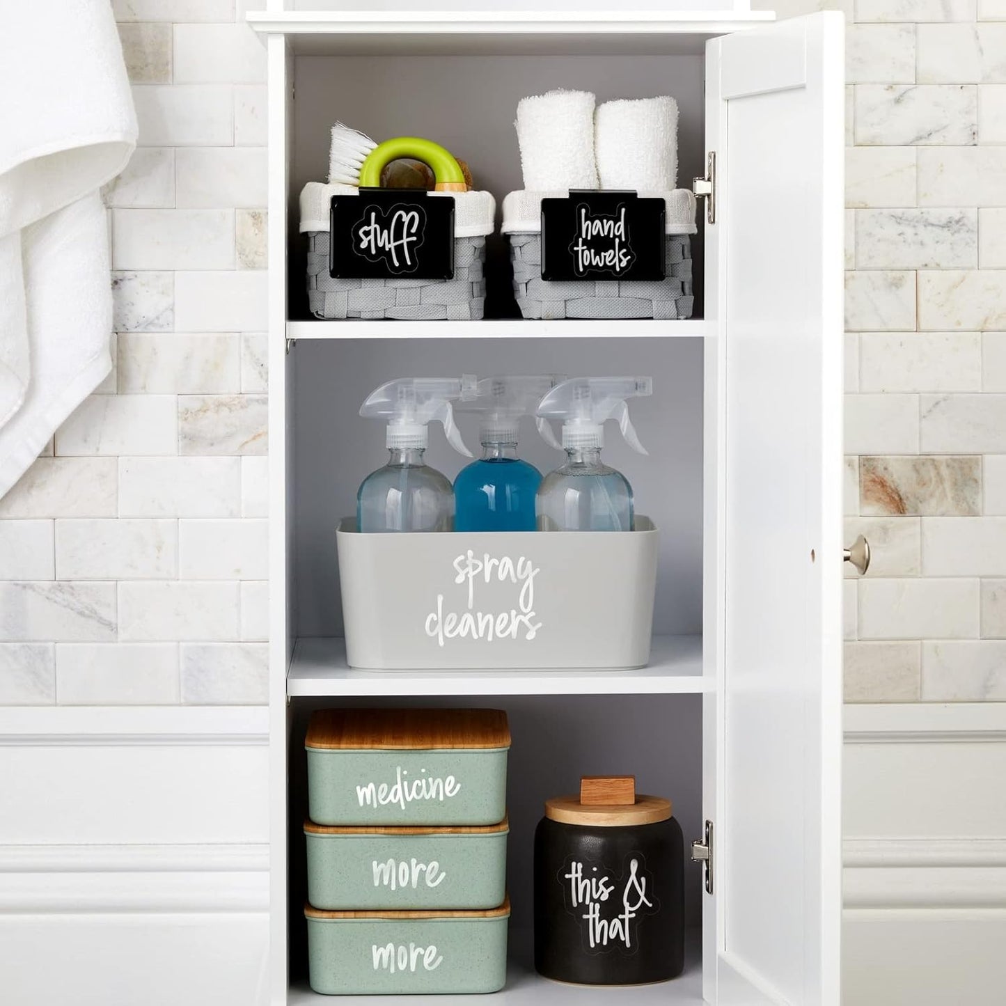 Talented Kitchen 141 Laundry Labels for Jars, Containers - Preprinted White Script Stickers for Linen Closet, Bathroom, Cleaning Supplies Organization, and Laundry Room (Water Resistant)