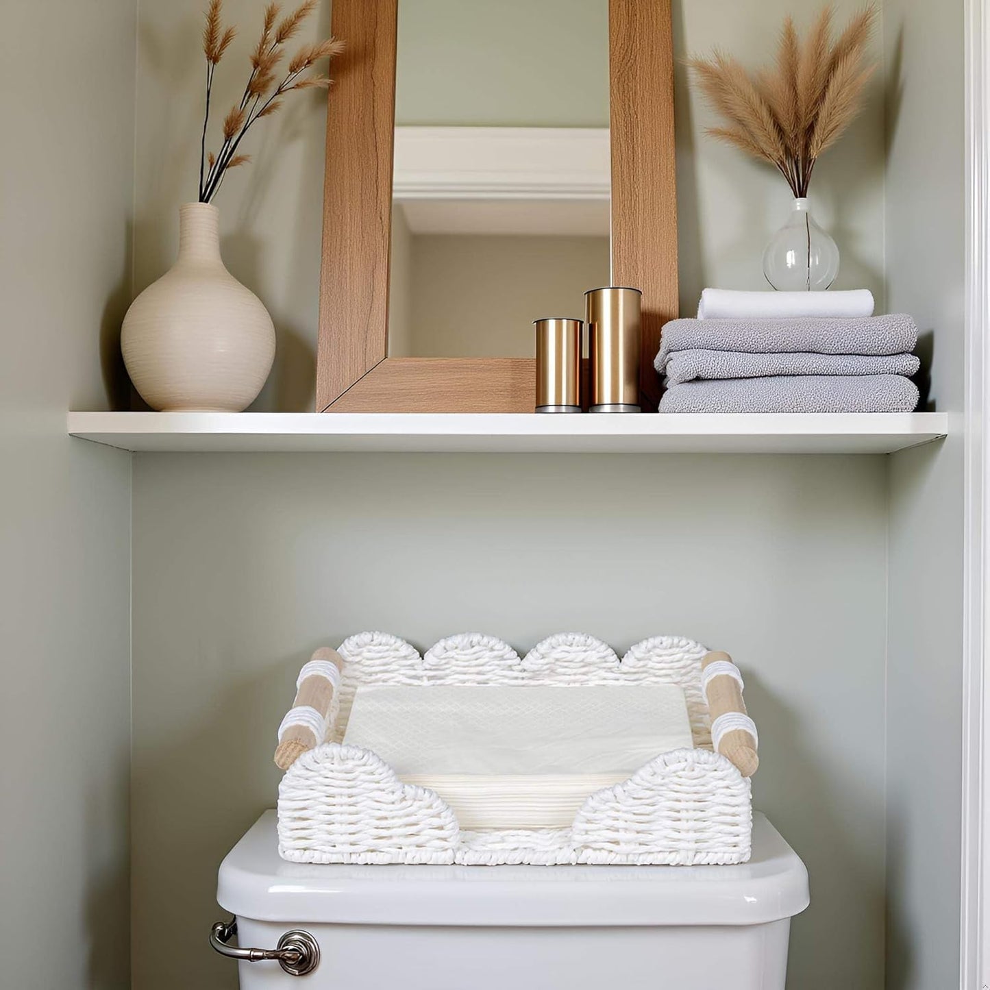 CubesLand Scalloped Napkin Holder for Bathroom Decor, Paper Rope Flat Napkin Dispenser Guest Towel Tray for Bathroom, Farmhouse Warm Napkin Holder for Table Dining Room Home Kitchen Decor, White