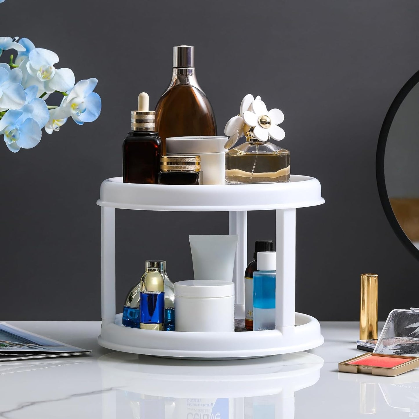 2 Tier 10" Turntable Lazy Susan Spice Organizer - Rotating Seasoning Rack for Pantry Cabinet Kitchen Countertop, Table Top Organizing - Multiuse Two Tier Rotating Organization Rack Spinner