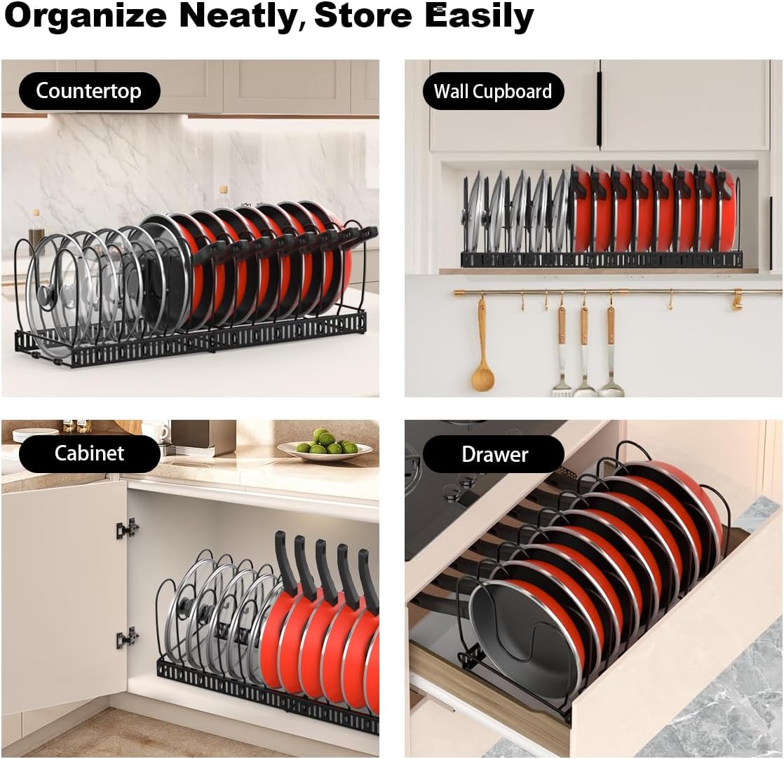 Housolution Pot and Pan Organizer Rack for Cabinet, Expandable Pot Lid Organizer Holder with 14 Adjustable Dividers, Fully Expanded Size 22.83" W x 7.09" D x 7.09" H, Black