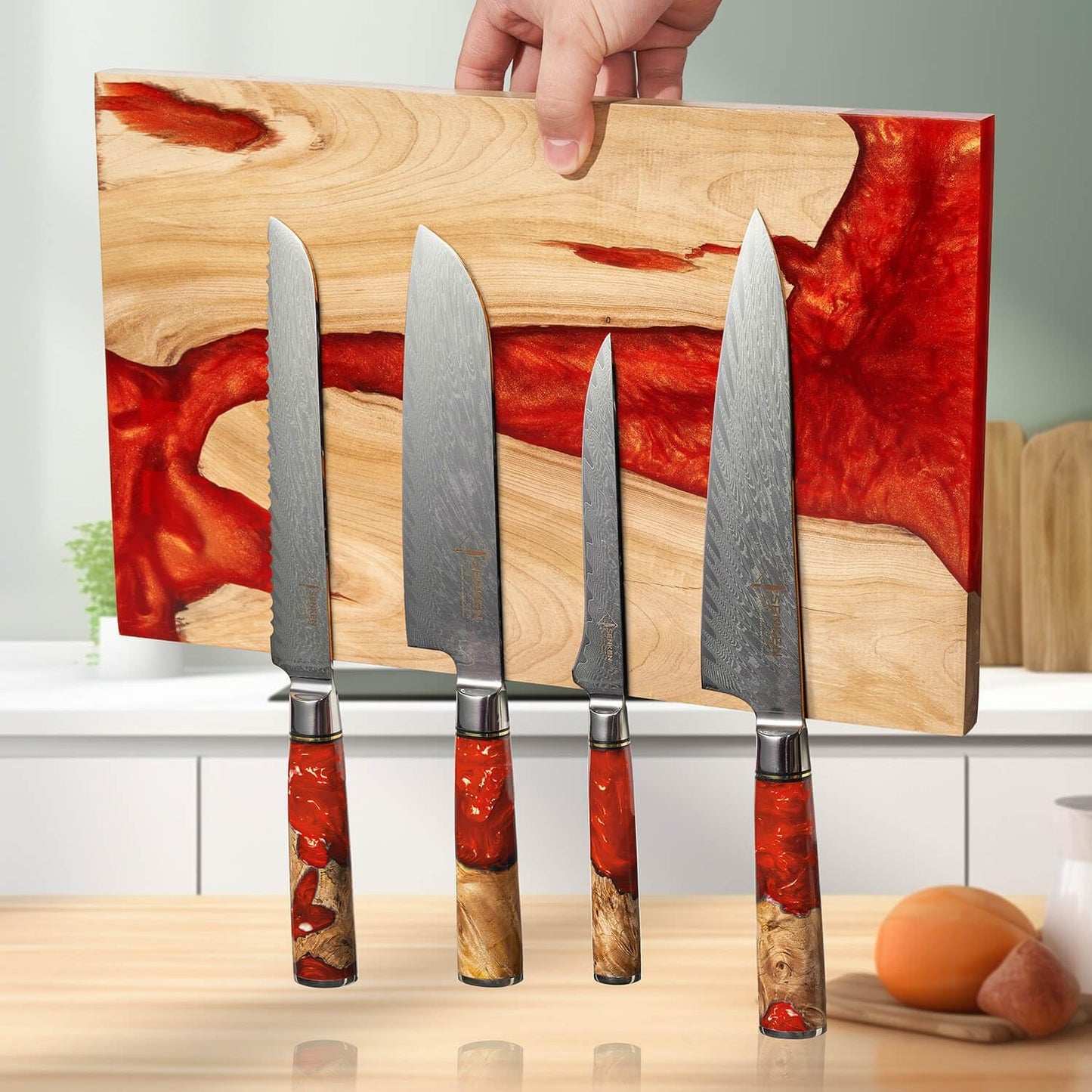 SENKEN "Red Tsunami" Extra Large Magnetic Knife Block - Holds Up to 16 Knives - Knife Block without Knives, Universal Knife Holder, Beautiful Red Resin & Natural Wood Blend ("Crimson" Red Resin Blend)