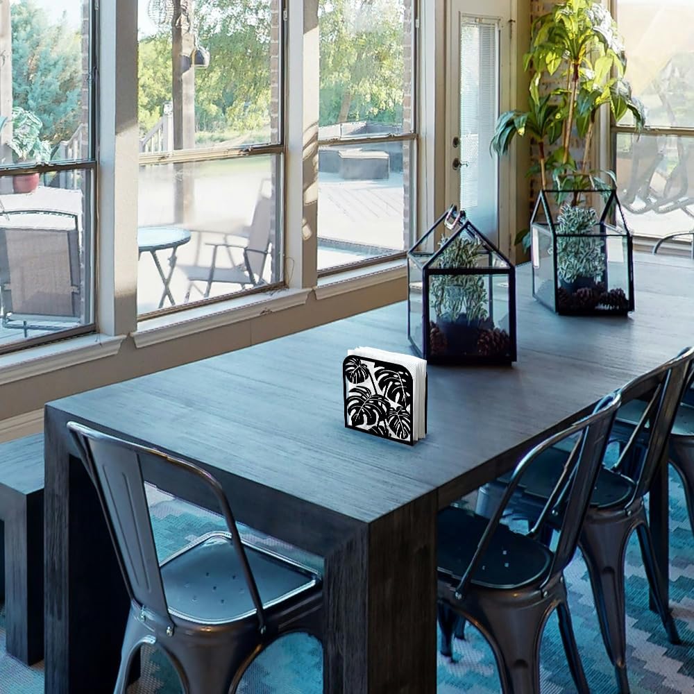 Monstera Leaf Decorative Black Metal Napkin Holder for Table, 4.9" x 4.9" x 1.9" Monstera Deliciosa Standing Napkin Holder for Home Kitchen Restaurant Picnic Party Coffee Bar Dining Room