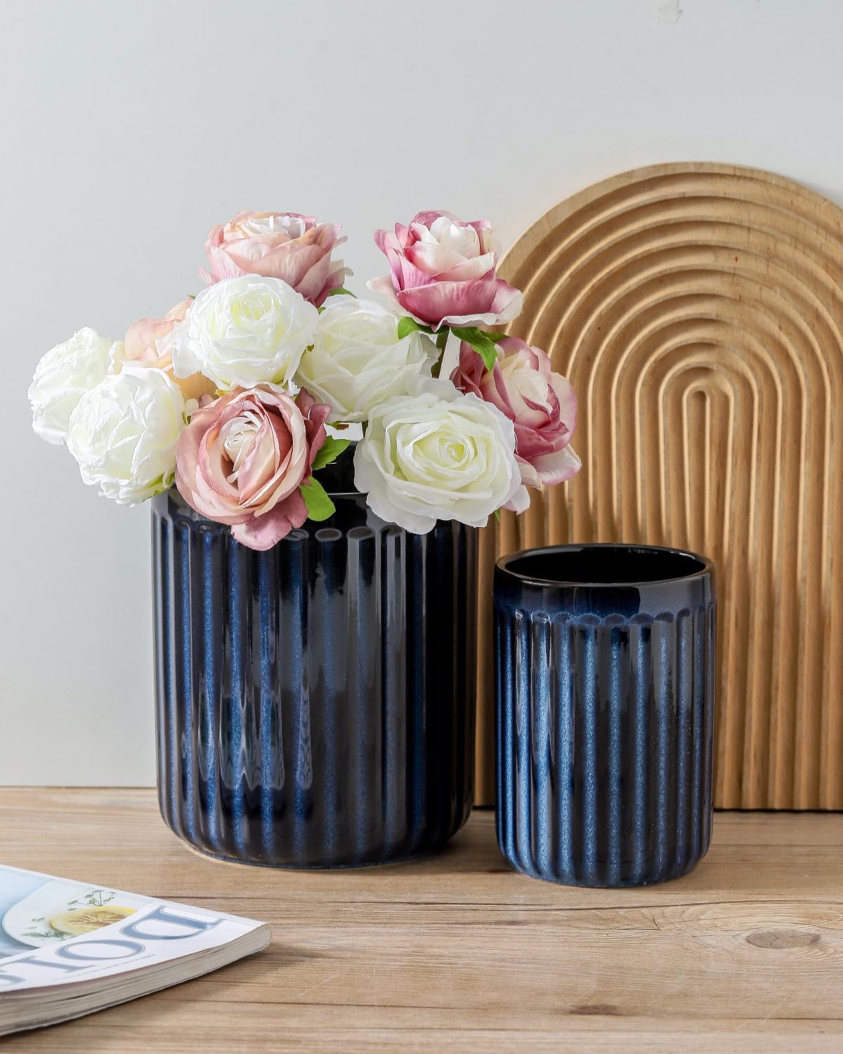 Hasense Cooking Utensil Holder, 7.3" + 5.7" - Large Utensil Crock for Farmhouse Kitchen Decor, Spatula Storage Organizer, Set of 2, Navy Blue