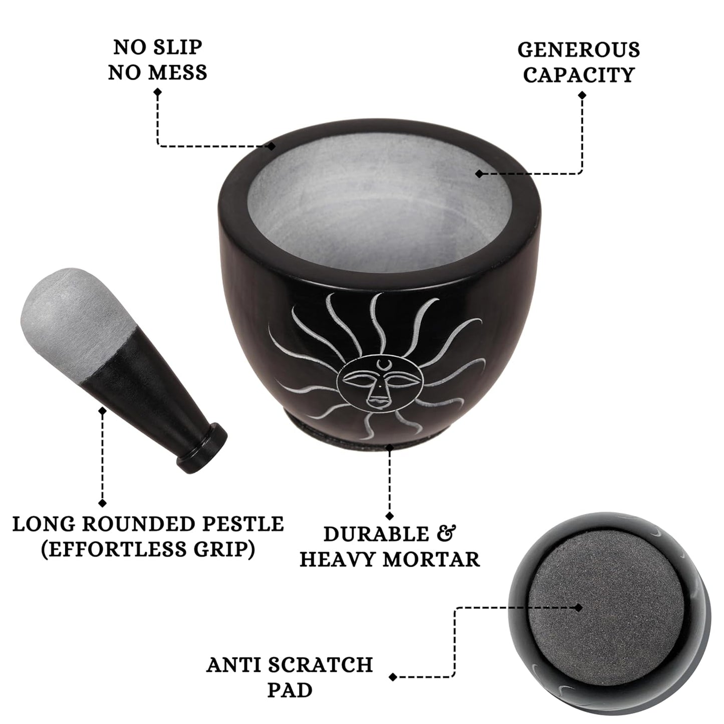 Mortar and Pestle, Made of Heavy Duty Polished Hard Stone, Natural Stone Grinder for Spices, Pastes, Herbs, Seasoning etc. (Sunlight)