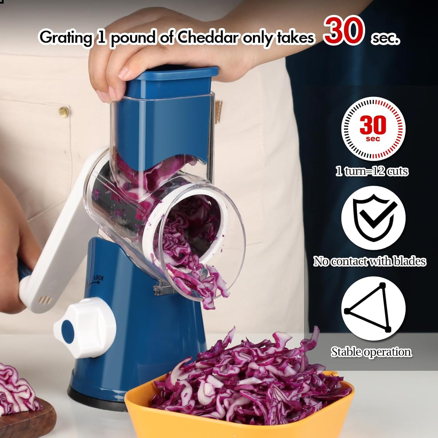 Ourokhome Rotary Cheese Grater Hand Crank, Kitchen Shredder Speed Mandolin Slicer Ice Shaver with Handle and Drum Blades for Cheese, Vegetable, Nuts, Chocolate, Potato, Carrot, 5 Blades, Dark Blue