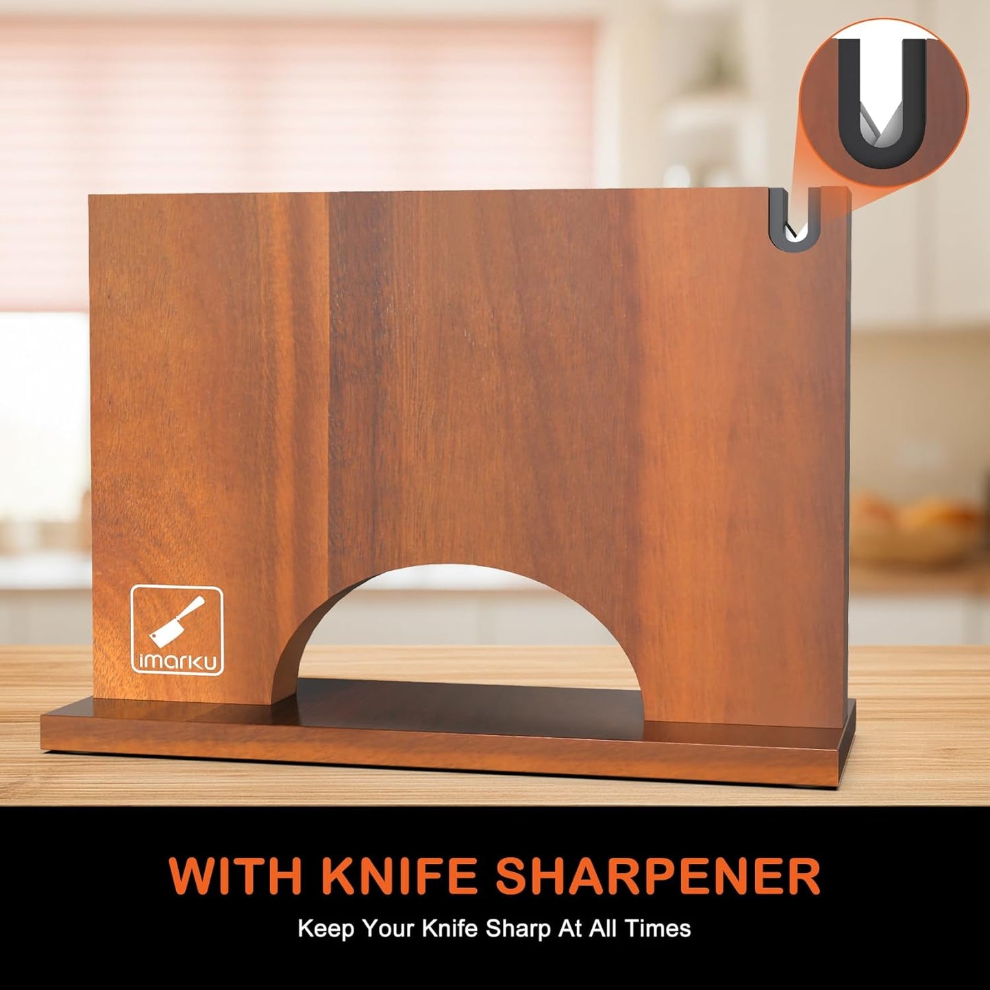 Magnetic Knife Block, Magnetic Knife Holder with Double Sided Magnetic Design, 12×10 Inches Knife Stand with Knife Sharpener, Acacia Wood Knife Storage for Kitchen Counter