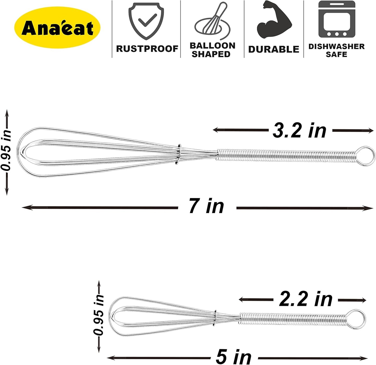 Anaeat Mini Wire Whisks, Set of 2 Portable Stainless Steel Kitchen Tiny Whisk & Egg Beater with Thick Wire - Sturdy Small Mixing Balloon for Cooking, Blending, Whiping, Beating and Stirring (5" + 7")