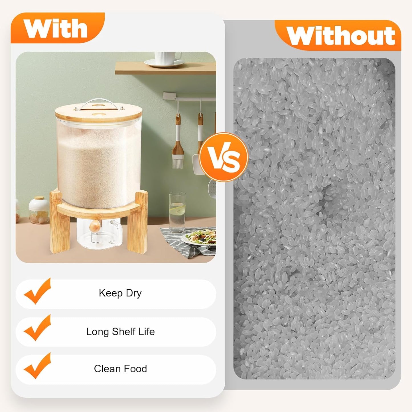 Flour and Cereal Container, Rice Dispenser, Creative Glass Food Storge Container for Kitchen Organization and Pantry Store, Airtight Lid and Wooden Stand (5L)